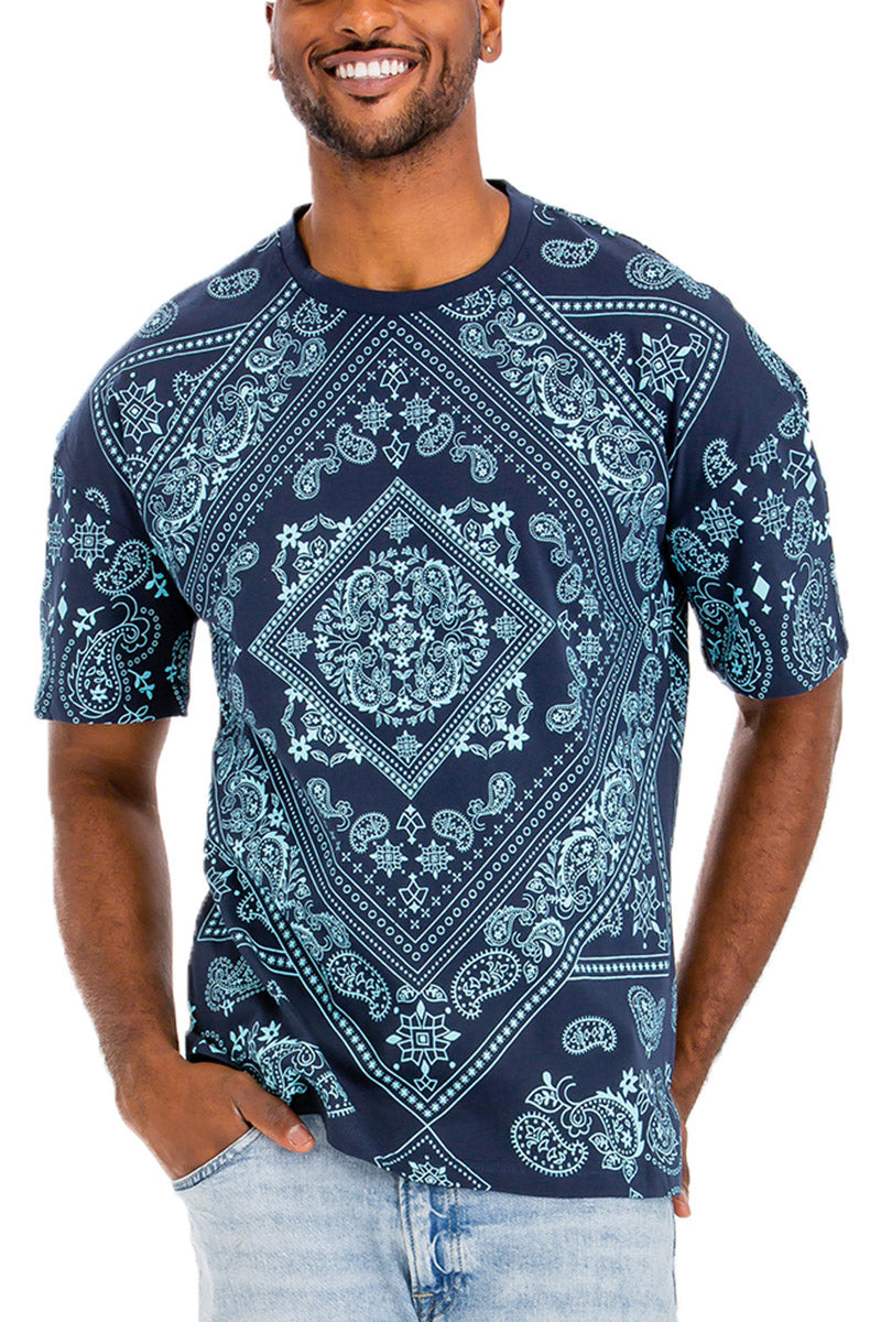 A stylish paisley print T-shirt made of 100% cotton, featuring a round neck and straight hem, perfect for casual wear.