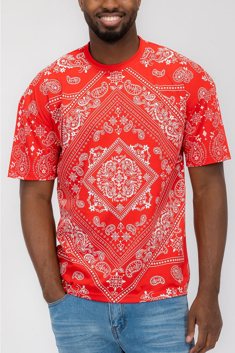 A stylish paisley print T-shirt made of 100% cotton, featuring a round neck and straight hem, perfect for casual wear.