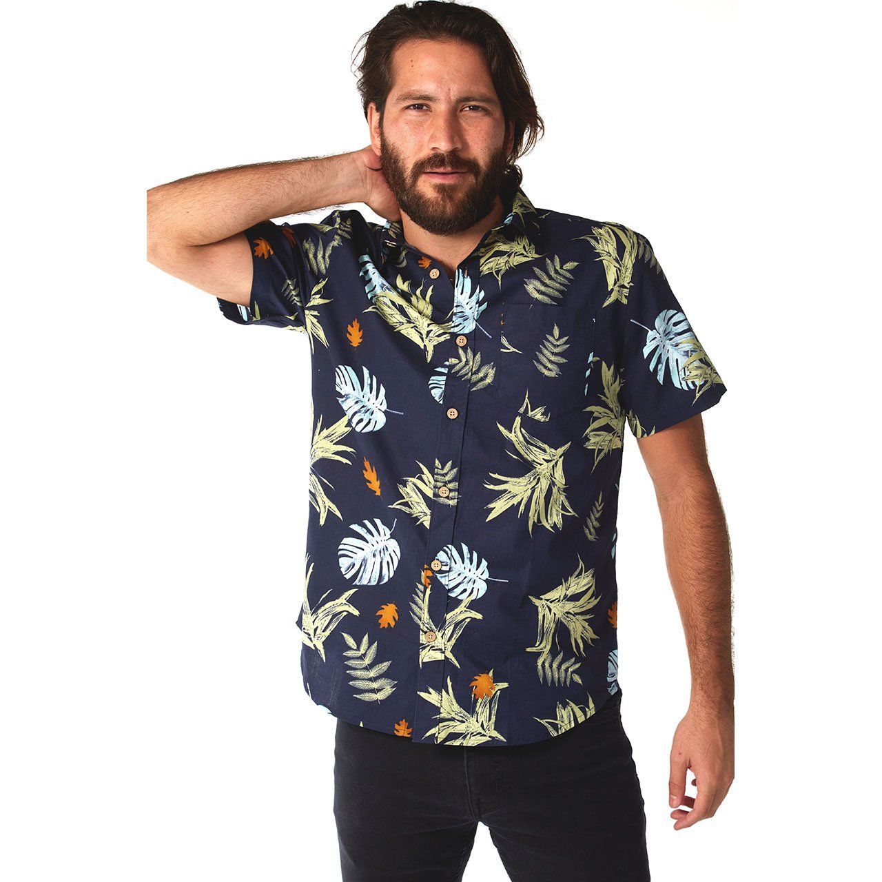 Parker Floral Shirt featuring a vibrant floral print on a short sleeve button-down design, made from 100% cotton.