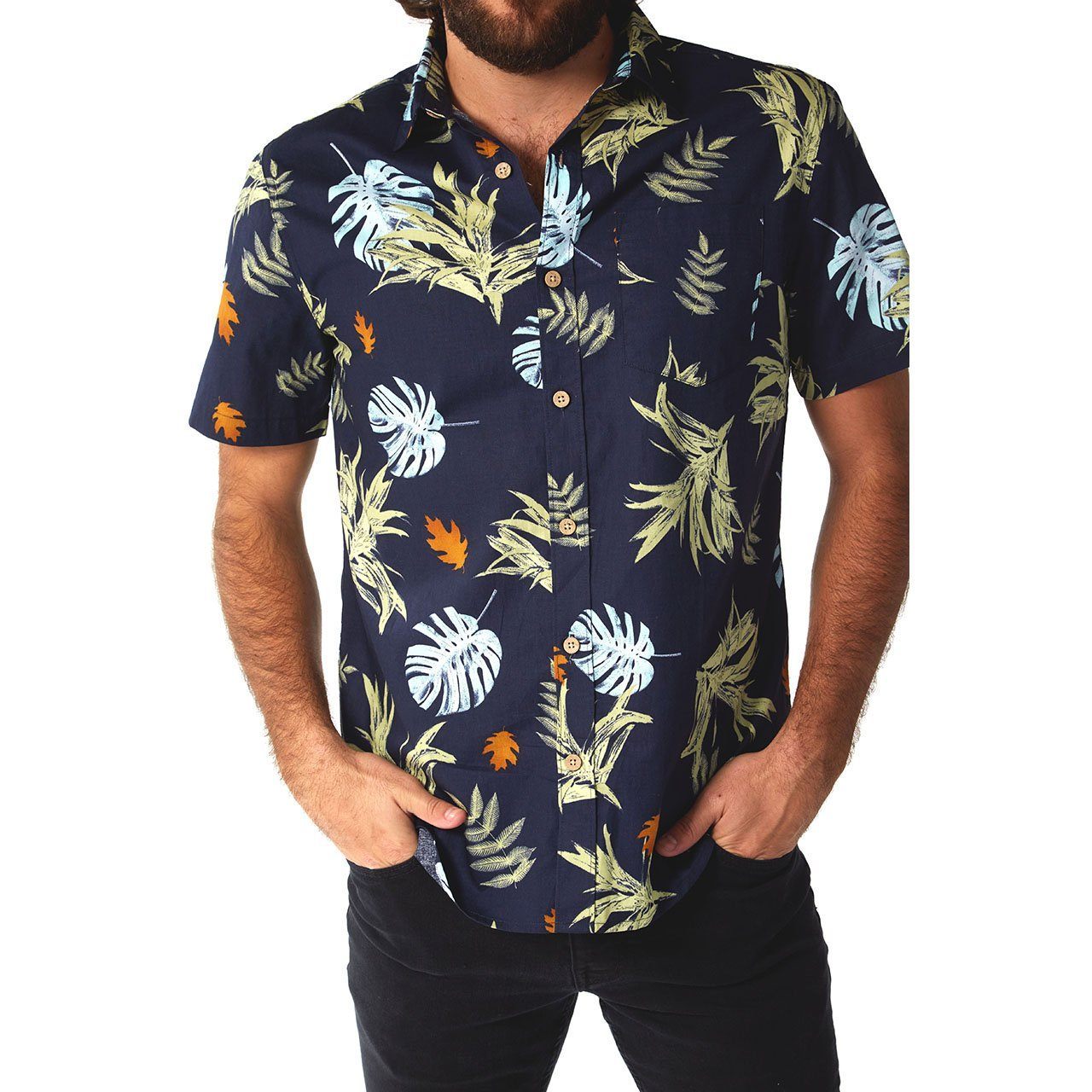 Parker Floral Shirt featuring a vibrant floral print on a short sleeve button-down design, made from 100% cotton.