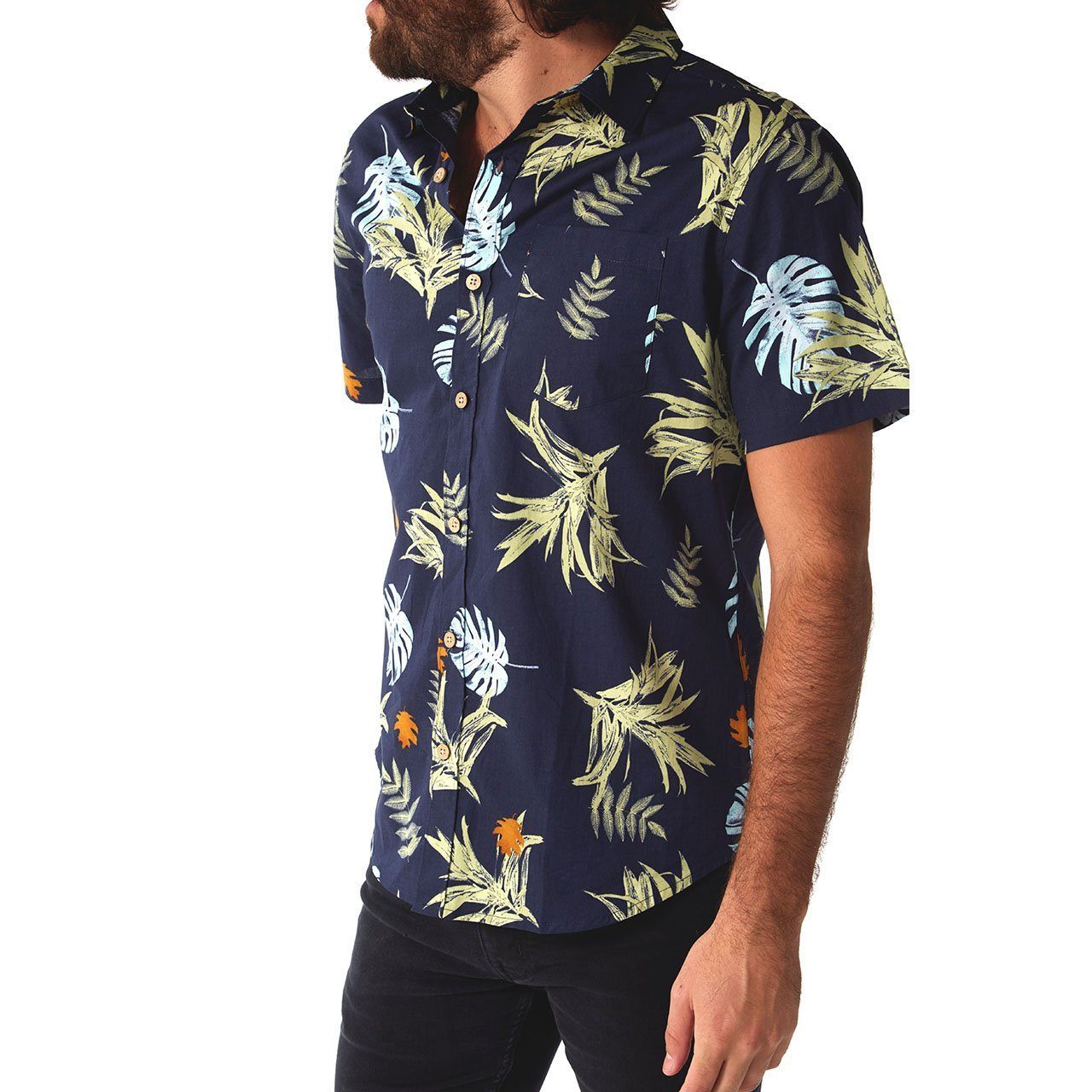 Parker Floral Shirt featuring a vibrant floral print on a short sleeve button-down design, made from 100% cotton.