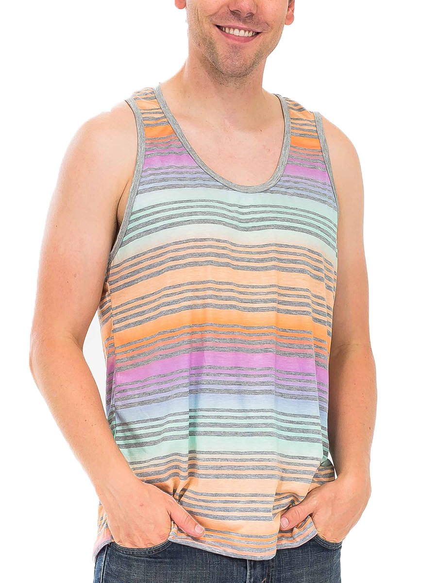 A model wearing a pastel striped tank top, showcasing its vibrant colors and comfortable fit.