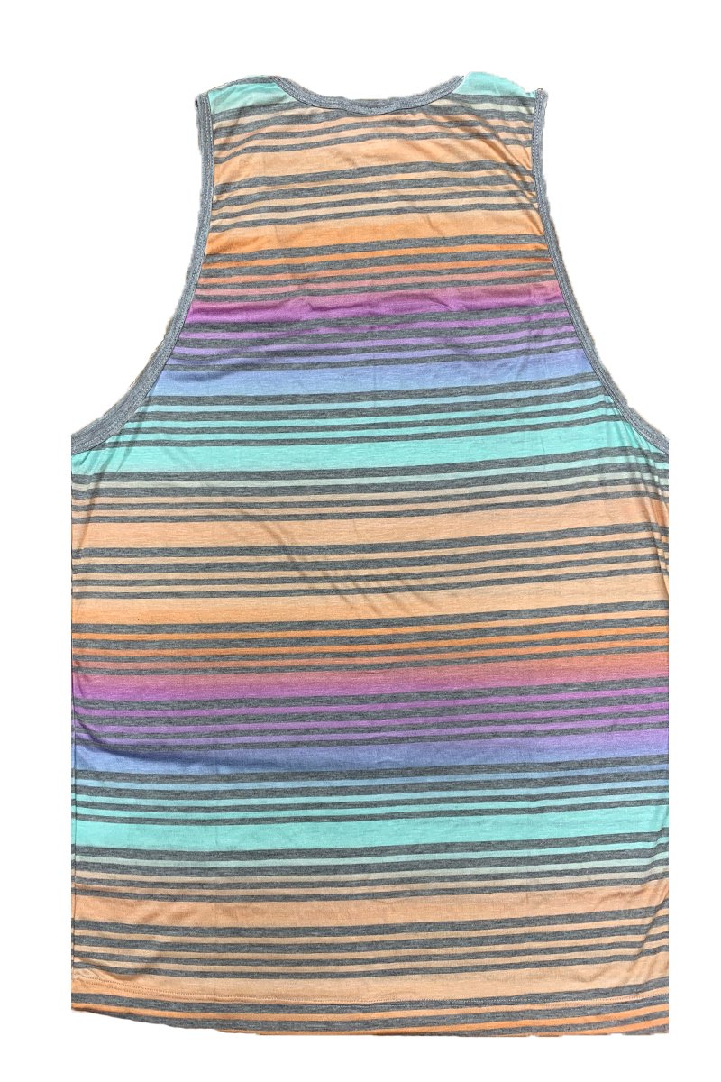 A model wearing a pastel striped tank top, showcasing its vibrant colors and comfortable fit.