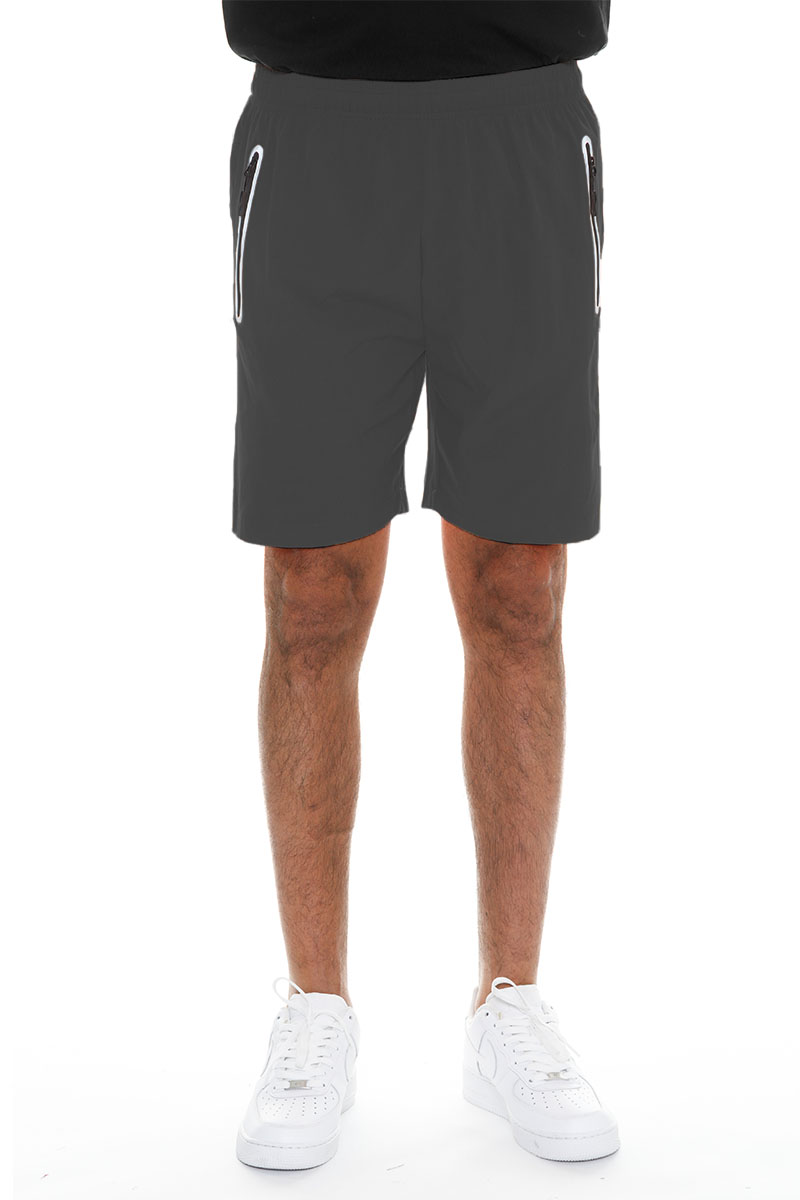 A pair of lightweight PERFORMANCE RUNNING SHORTS featuring zippered pockets and a reflective zipper, made from 100% polyester.