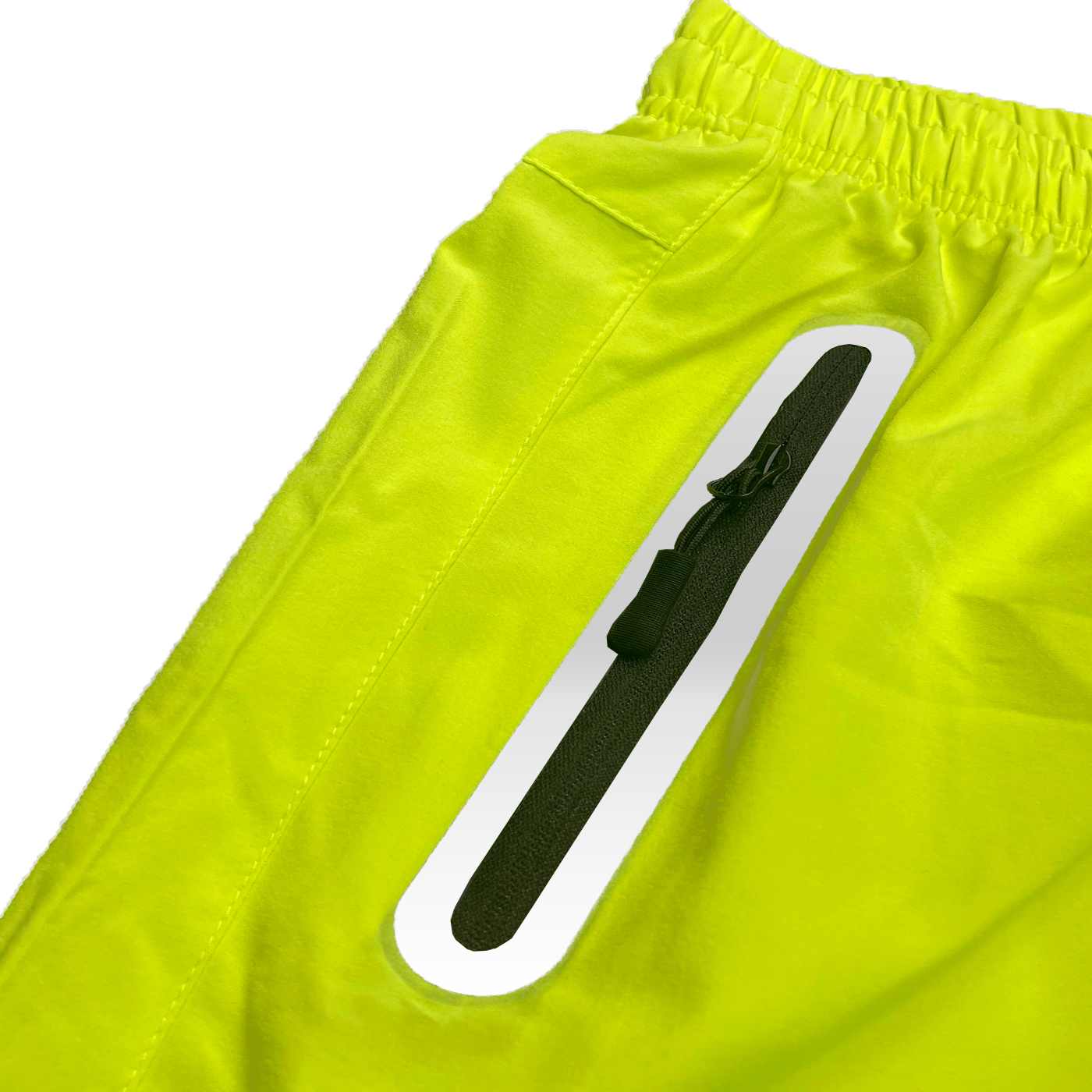 A pair of lightweight PERFORMANCE RUNNING SHORTS featuring an elastic waist, drawstring, and zippered pockets, ideal for runners.