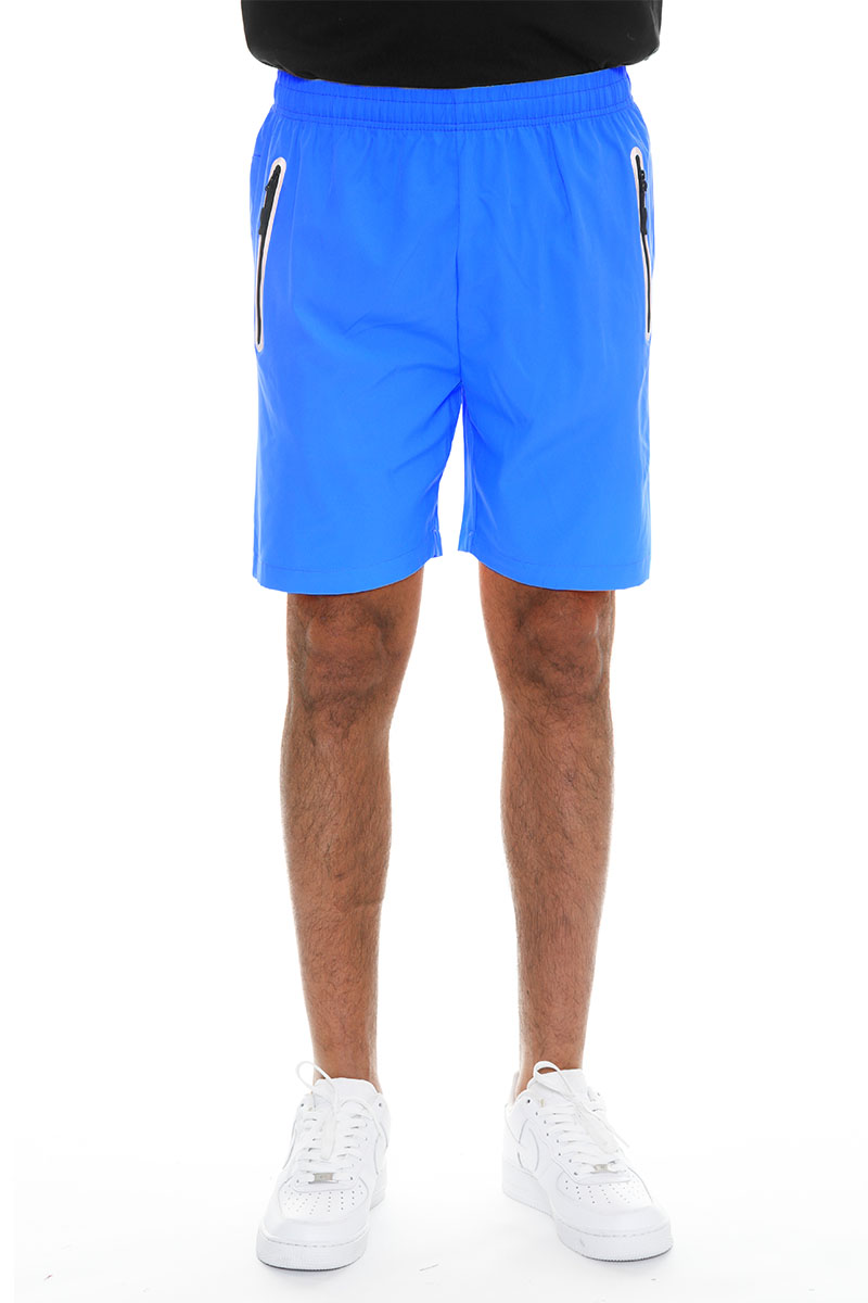 A pair of lightweight PERFORMANCE RUNNING SHORTS featuring zippered pockets and a reflective zipper, made from 100% polyester.