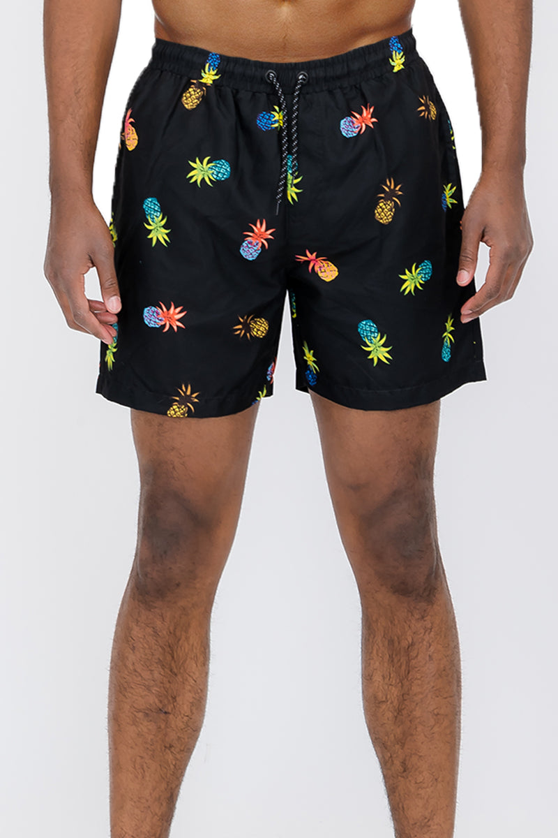 Pineapple Print Swim Shorts featuring vibrant tropical design, regular fit, and mesh lining for comfort.