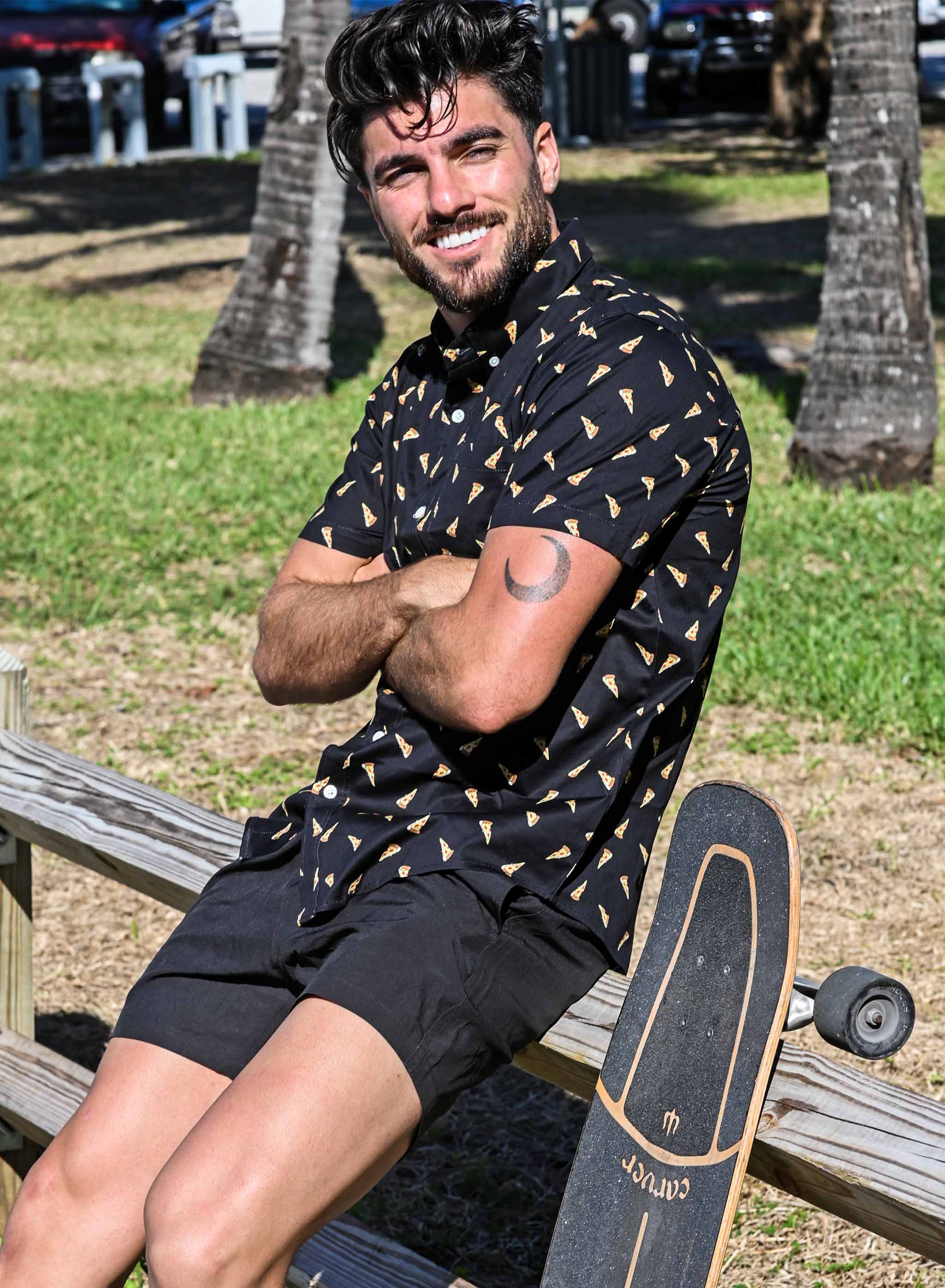 Pizza Cotton Stretch Shirt featuring a button-down collar, chest pocket, and lightweight breathable fabric, perfect for summer wear.