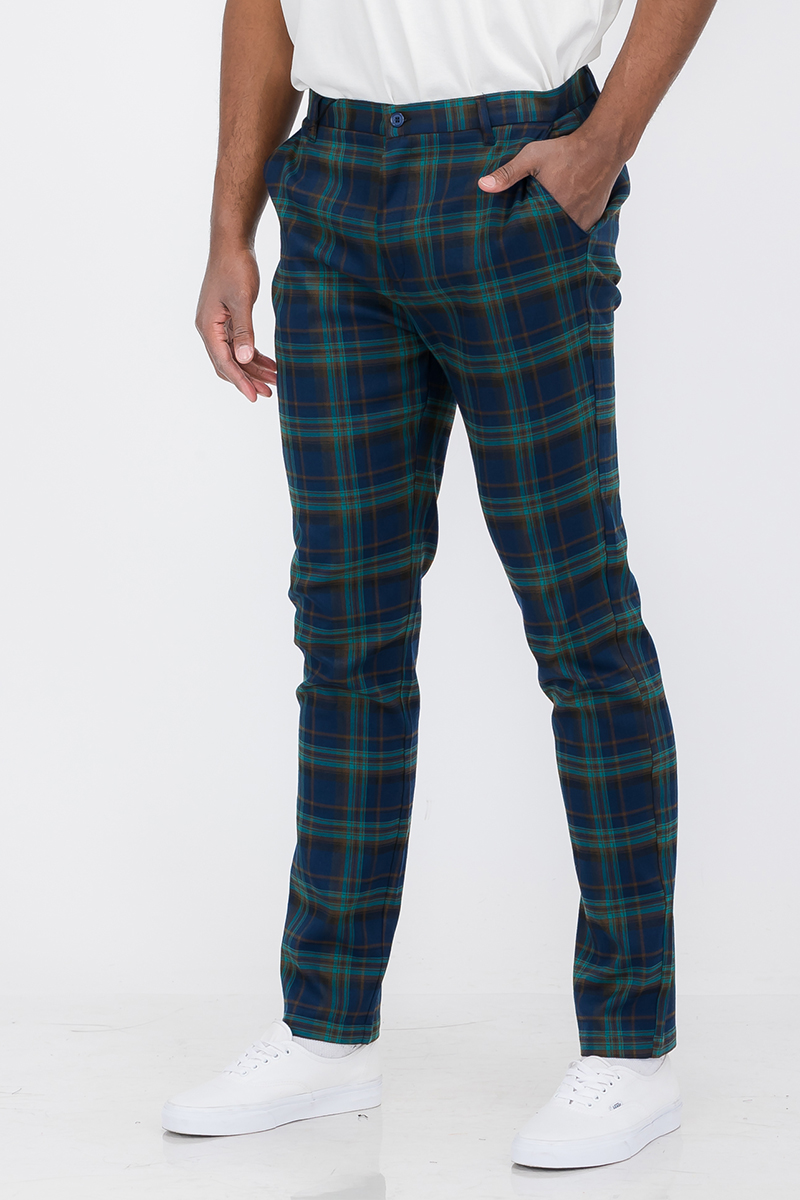 Plaid slim fit trouser pants displayed on a hanger, showcasing the stylish design and button fly closure.