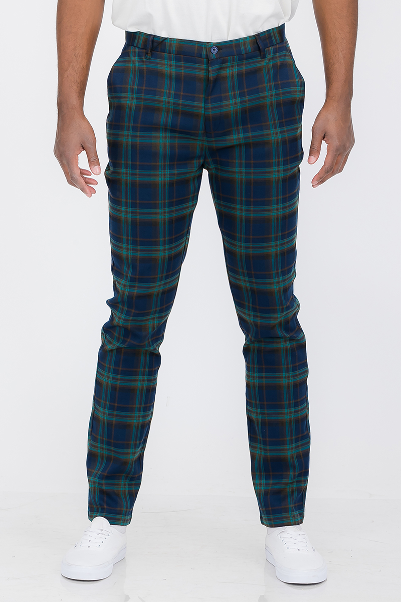 Plaid slim fit trouser pants displayed on a hanger, showcasing the stylish design and button fly closure.