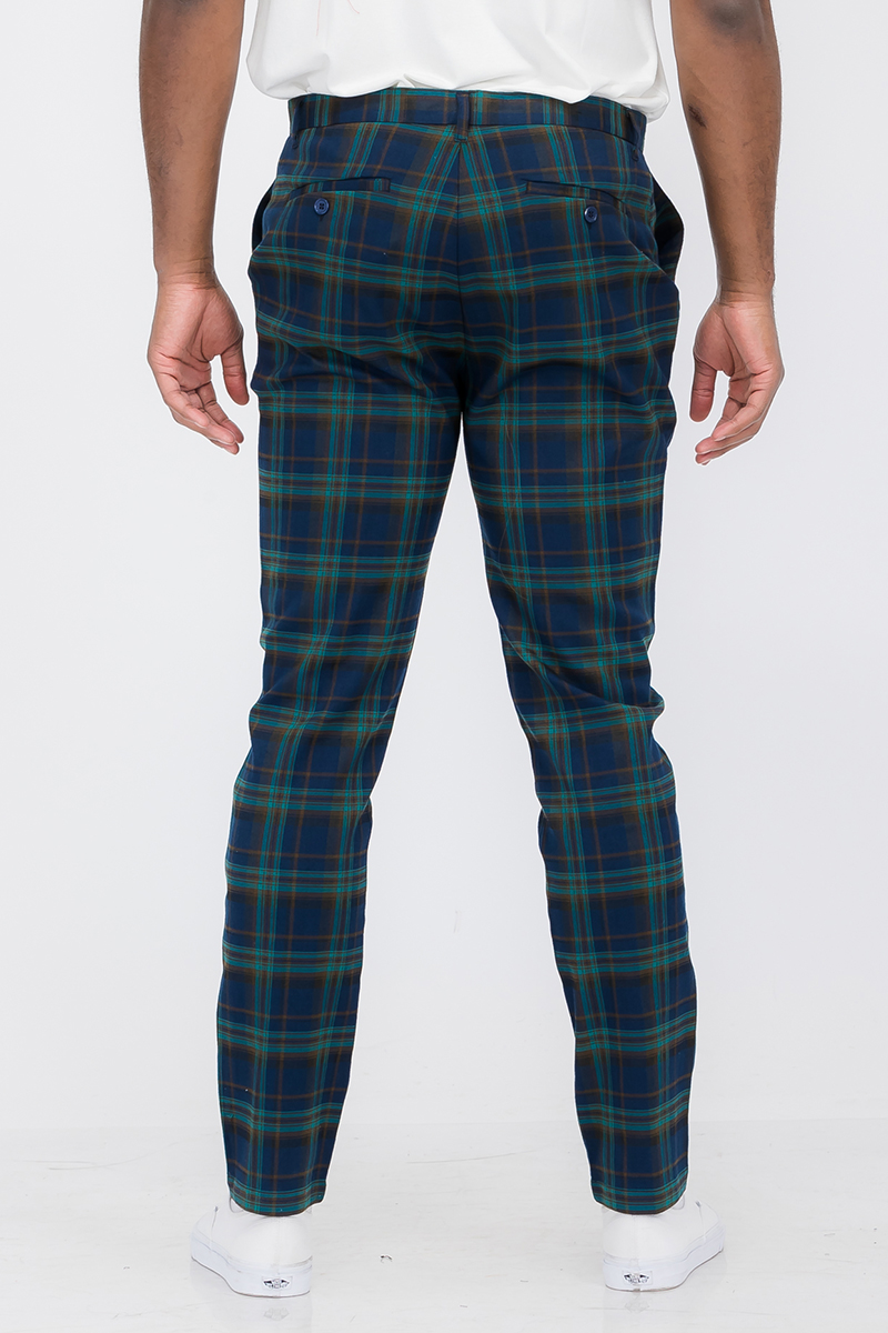 Plaid slim fit trouser pants displayed on a hanger, showcasing the stylish design and button fly closure.