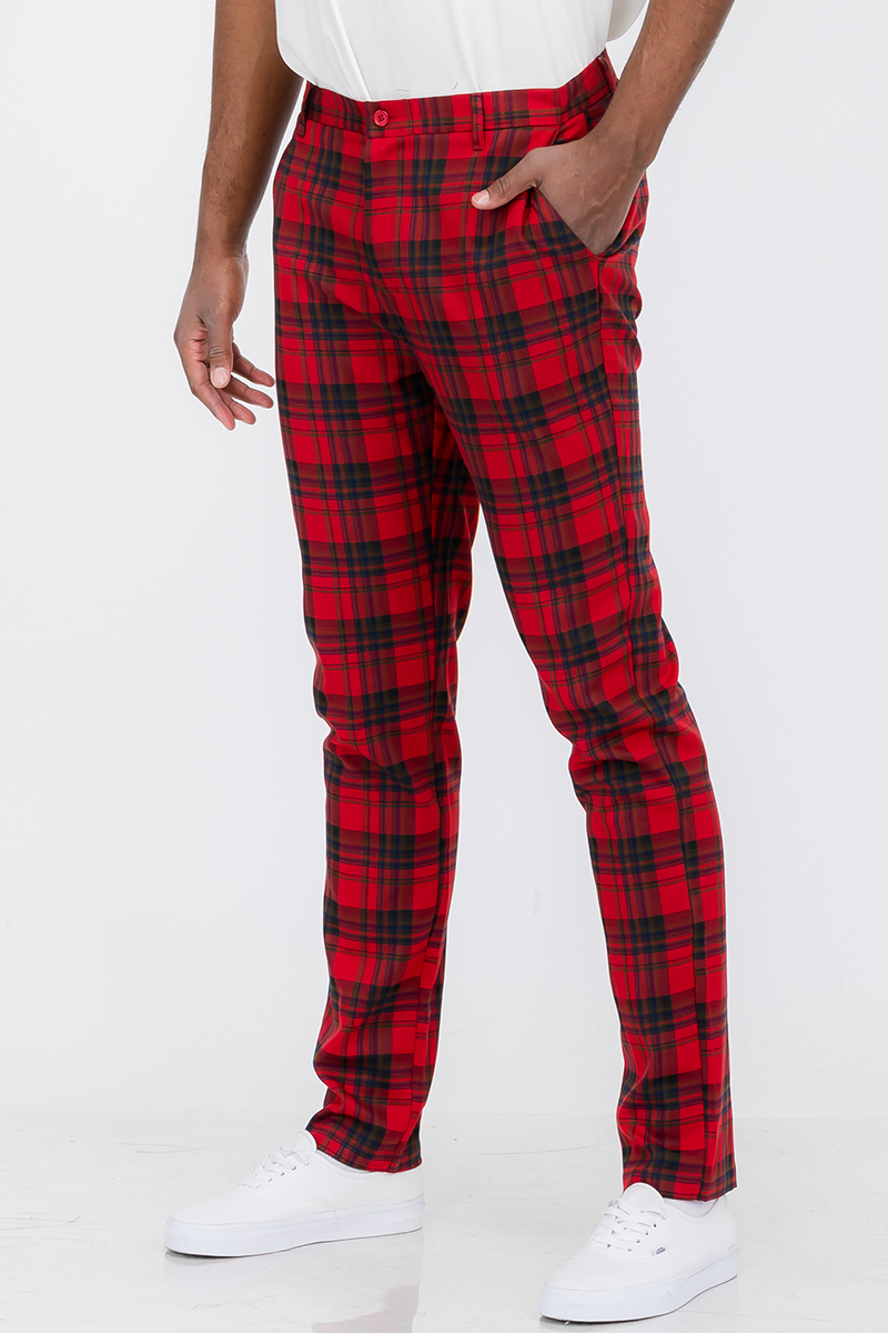 A pair of stylish plaid slim fit trouser pants featuring a button fly closure and standard pockets, ideal for both casual and formal occasions.