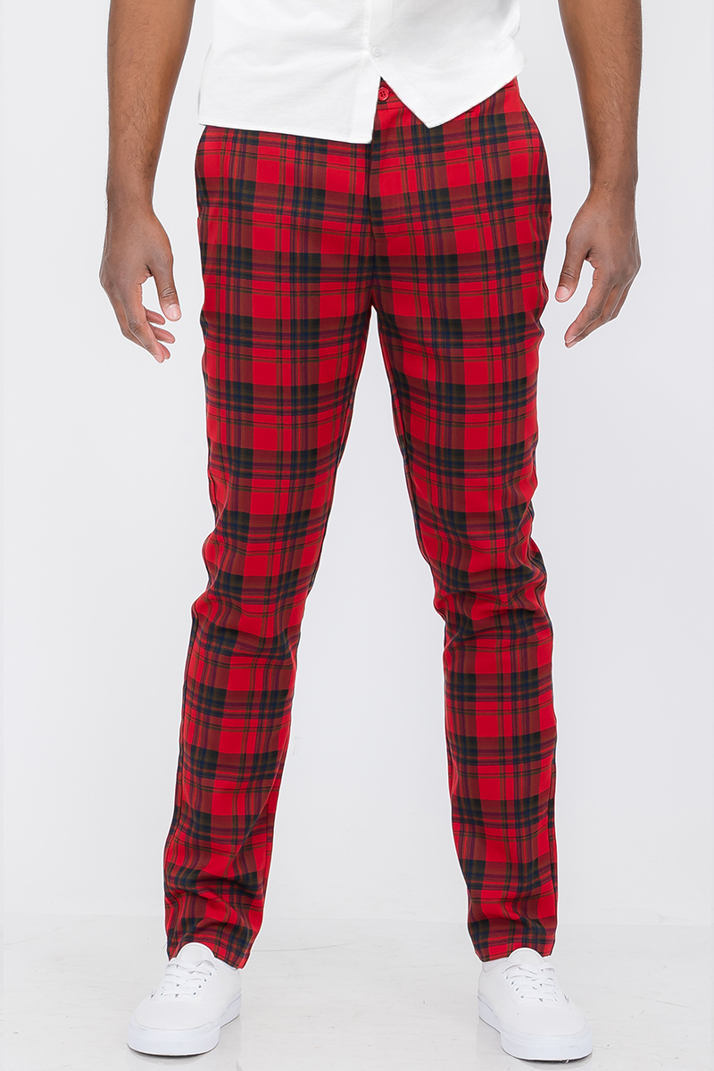 A pair of stylish plaid slim fit trouser pants featuring a button fly closure and standard pockets, ideal for both casual and formal occasions.