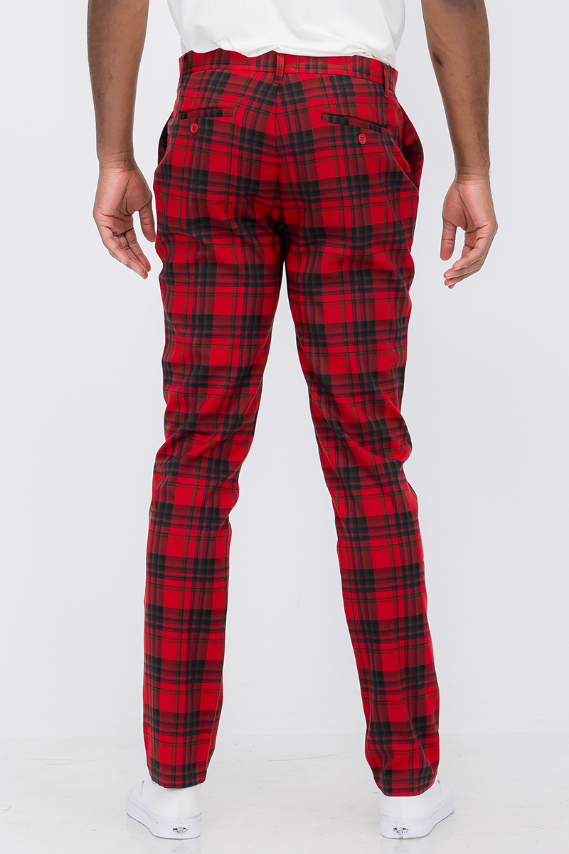 A pair of stylish plaid slim fit trouser pants featuring a button fly closure and standard pockets, ideal for both casual and formal occasions.