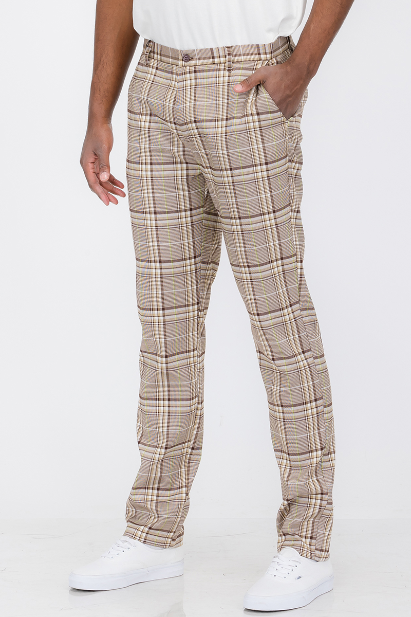 Plaid slim fit trouser pants with button fly closure and pockets, displayed on a model.