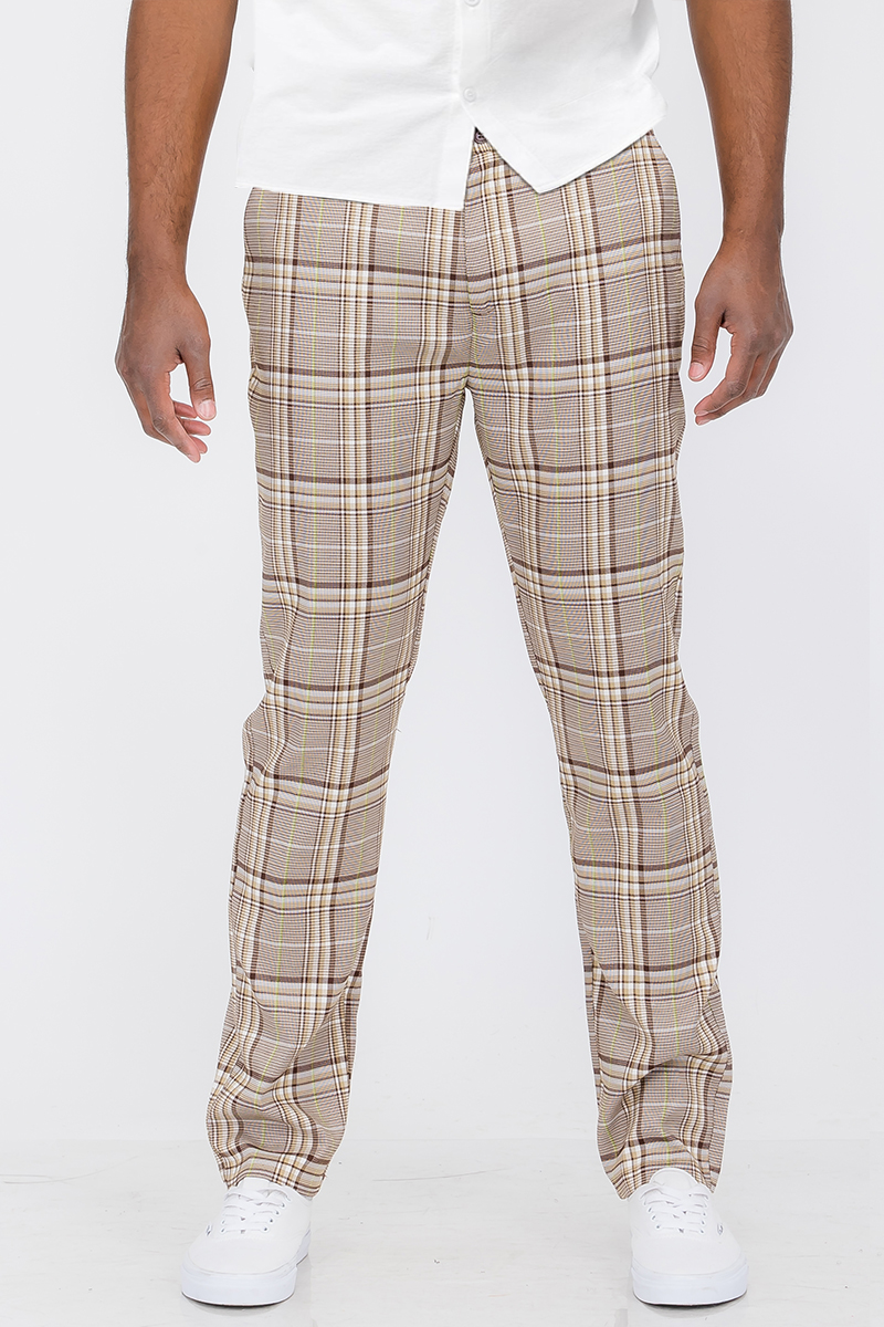 Plaid slim fit trouser pants with button fly closure and pockets, displayed on a model.