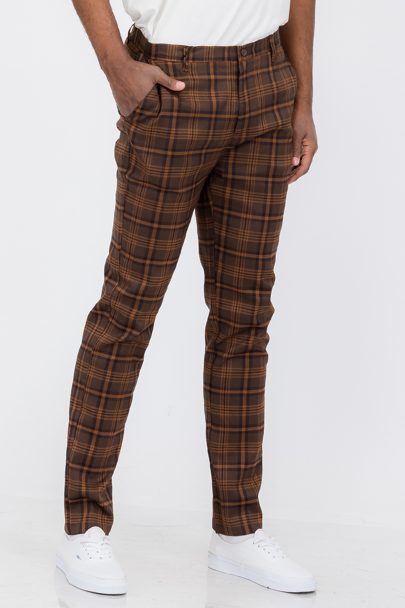 A pair of stylish plaid slim fit trouser pants featuring a button fly closure and standard pockets, perfect for modern fashion.