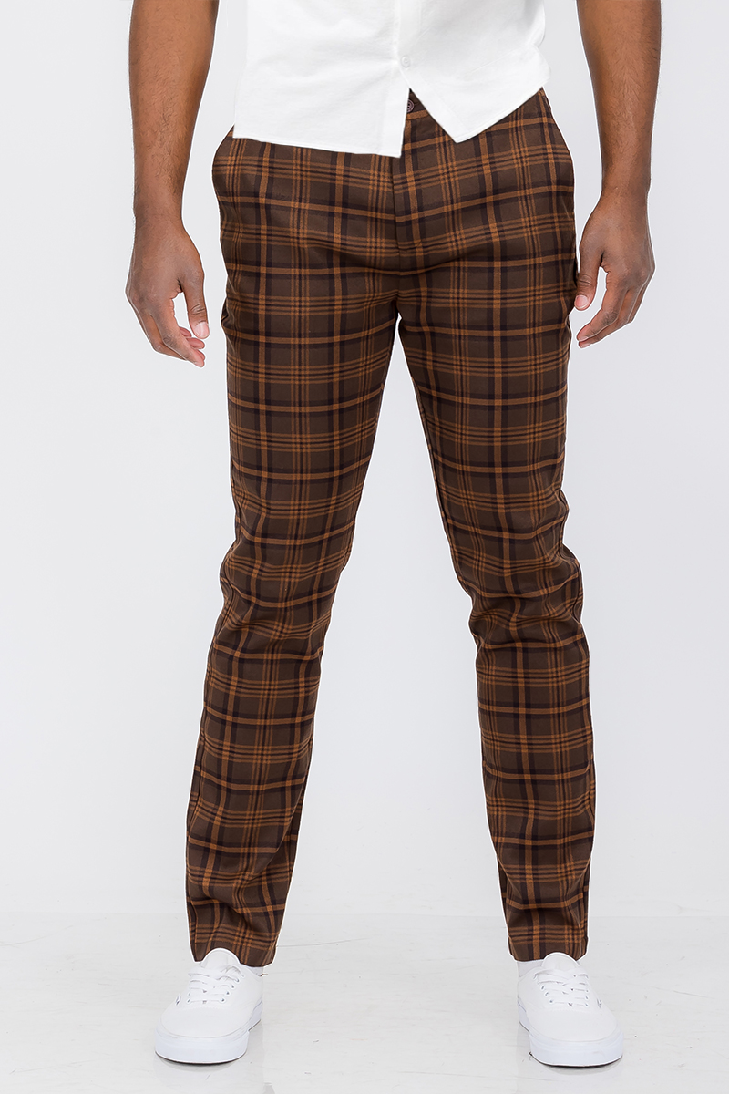 A pair of stylish plaid slim fit trouser pants featuring a button fly closure and standard pockets, perfect for modern fashion.