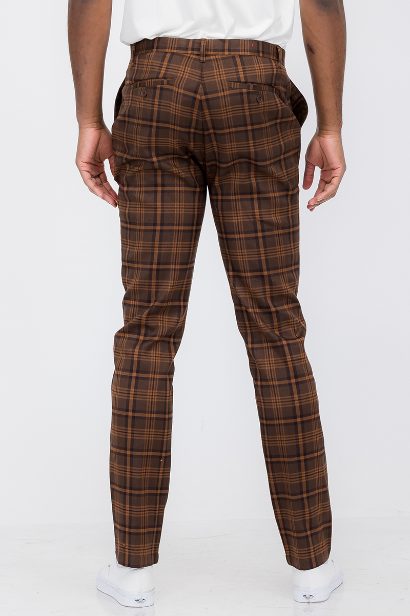 A pair of stylish plaid slim fit trouser pants featuring a button fly closure and standard pockets, perfect for modern fashion.