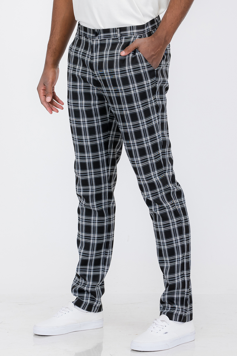 A pair of stylish plaid slim fit trouser pants featuring a button fly closure and standard pockets, ideal for modern fashion.