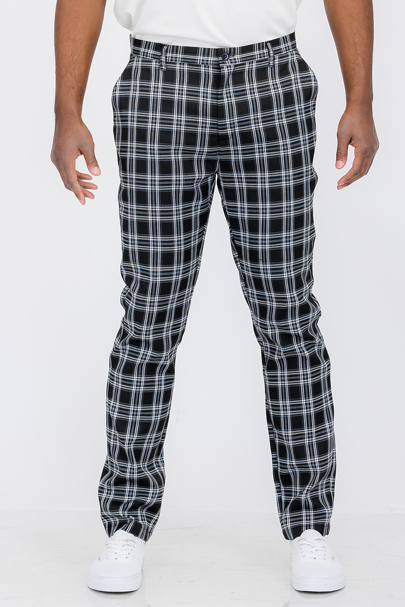 A pair of stylish plaid slim fit trouser pants featuring a button fly closure and standard pockets, ideal for modern fashion.