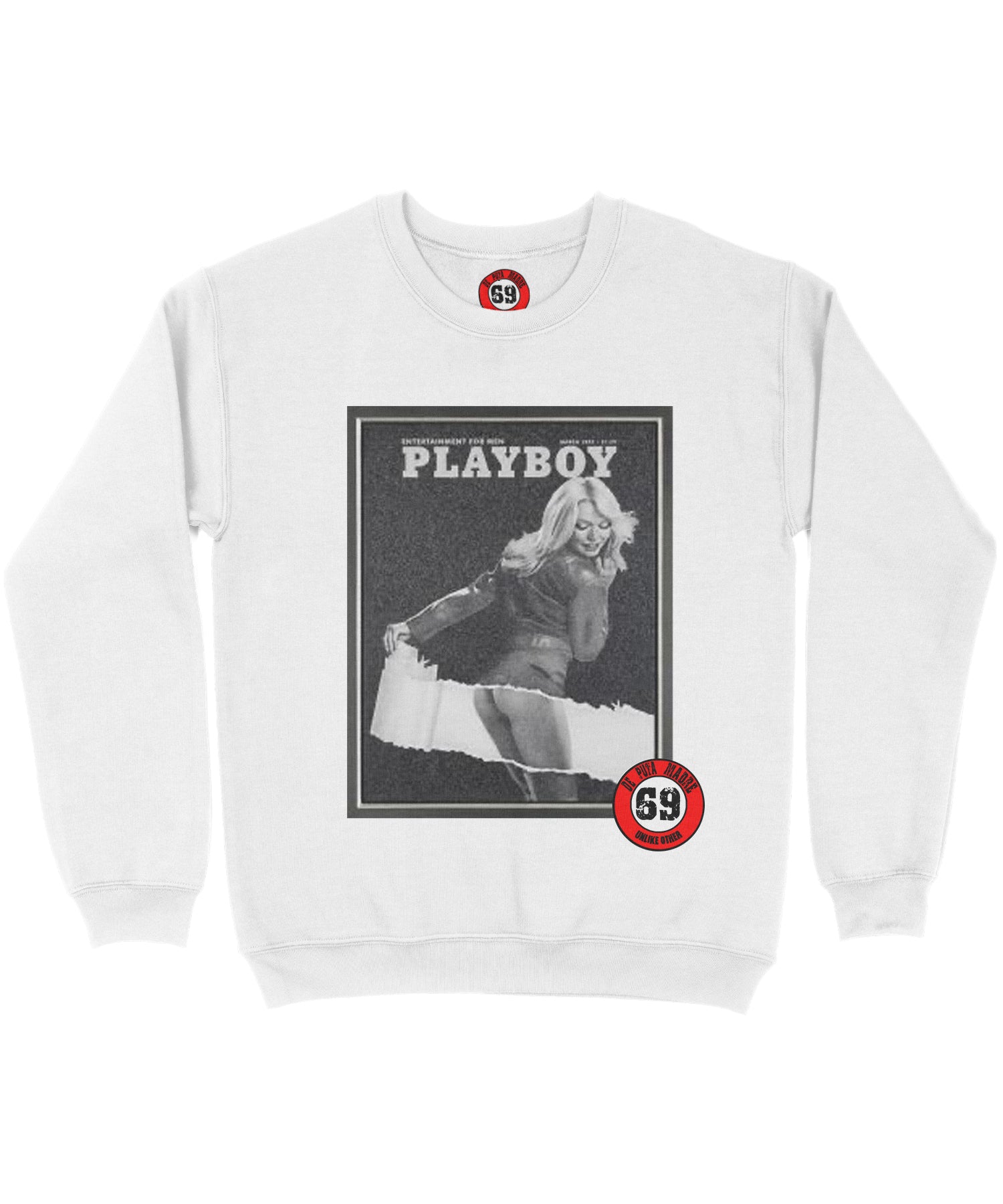 PlayB0y upss white sweatshirt featuring unique handmade prints and the original DPM69 logo, crafted from high-quality jersey cotton.