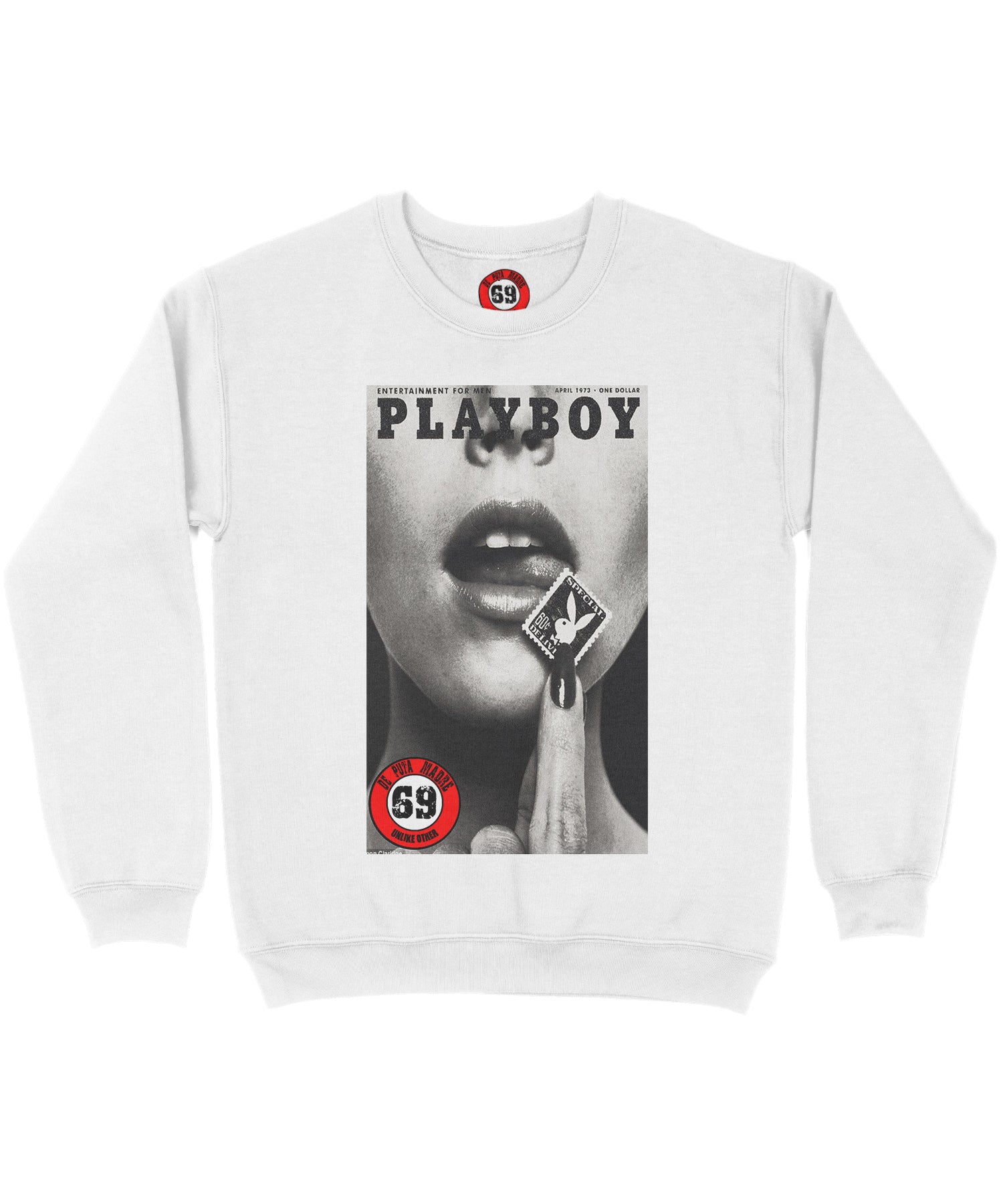 PlayB0y white sweatshirt featuring unique handmade prints and the DPM69 logo, crafted from high-quality jersey cotton.