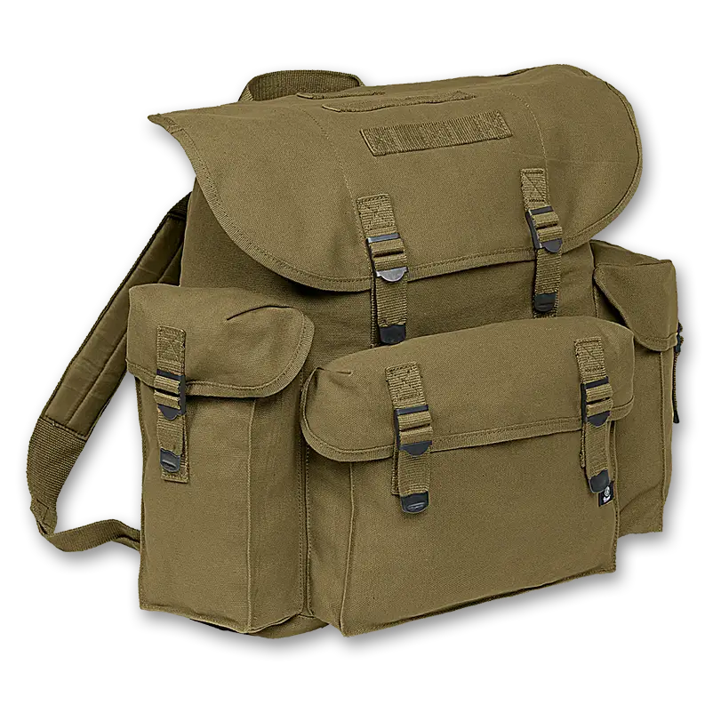 A rugged Pocket Military Bag featuring lightly padded shoulder straps, metal closures, and three outside pockets, ideal for outdoor adventures.