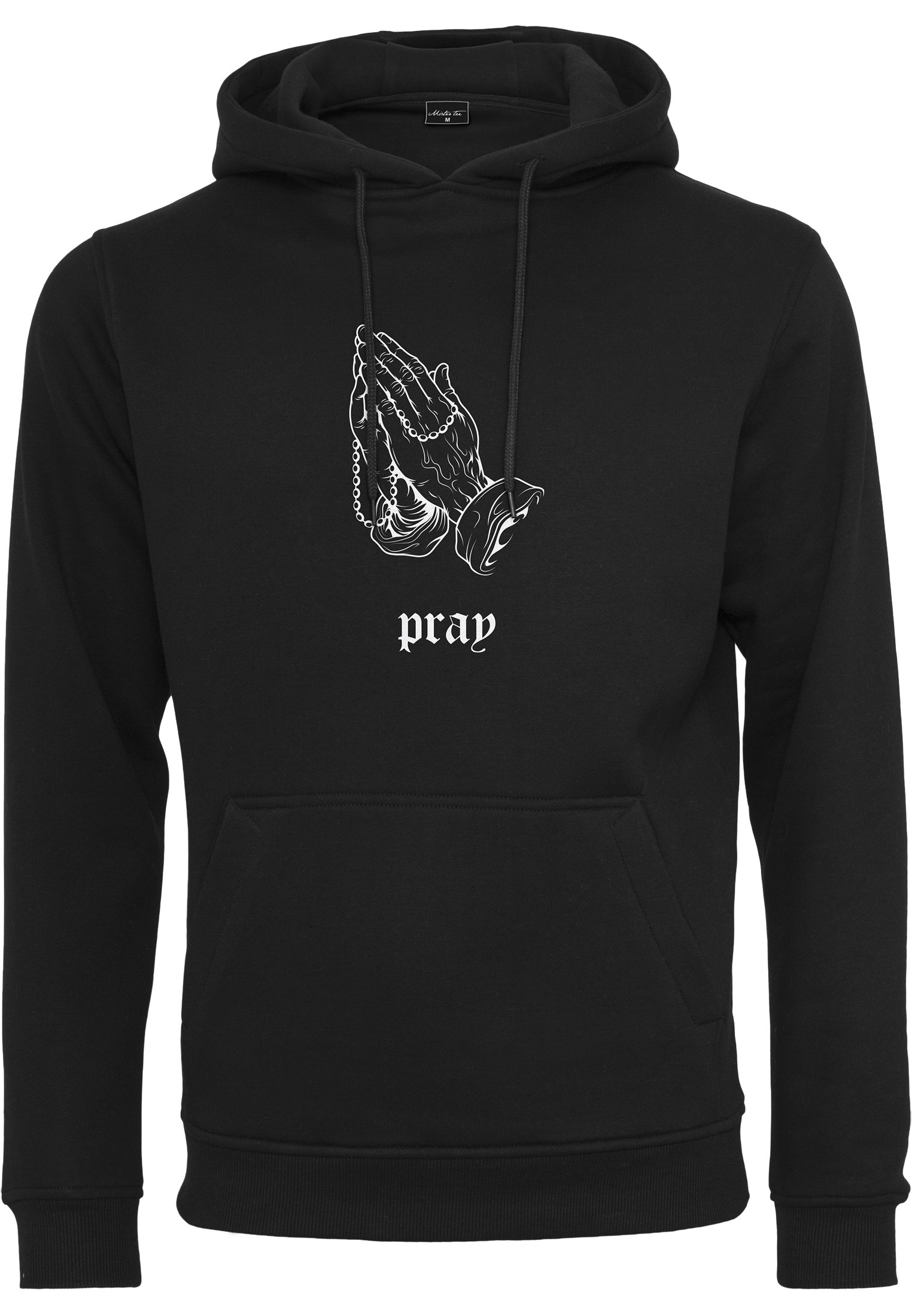 Pray 2 Hoodie featuring a black and white print of folded hands inspired by Albrecht Dürer, with the word 'pray' underneath.