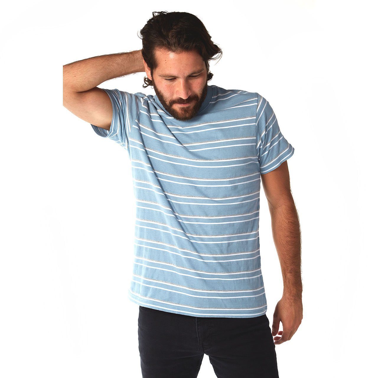 Preston Striped Tee featuring short sleeves and a crew neck design, made from 100% cotton in eco-friendly factory.