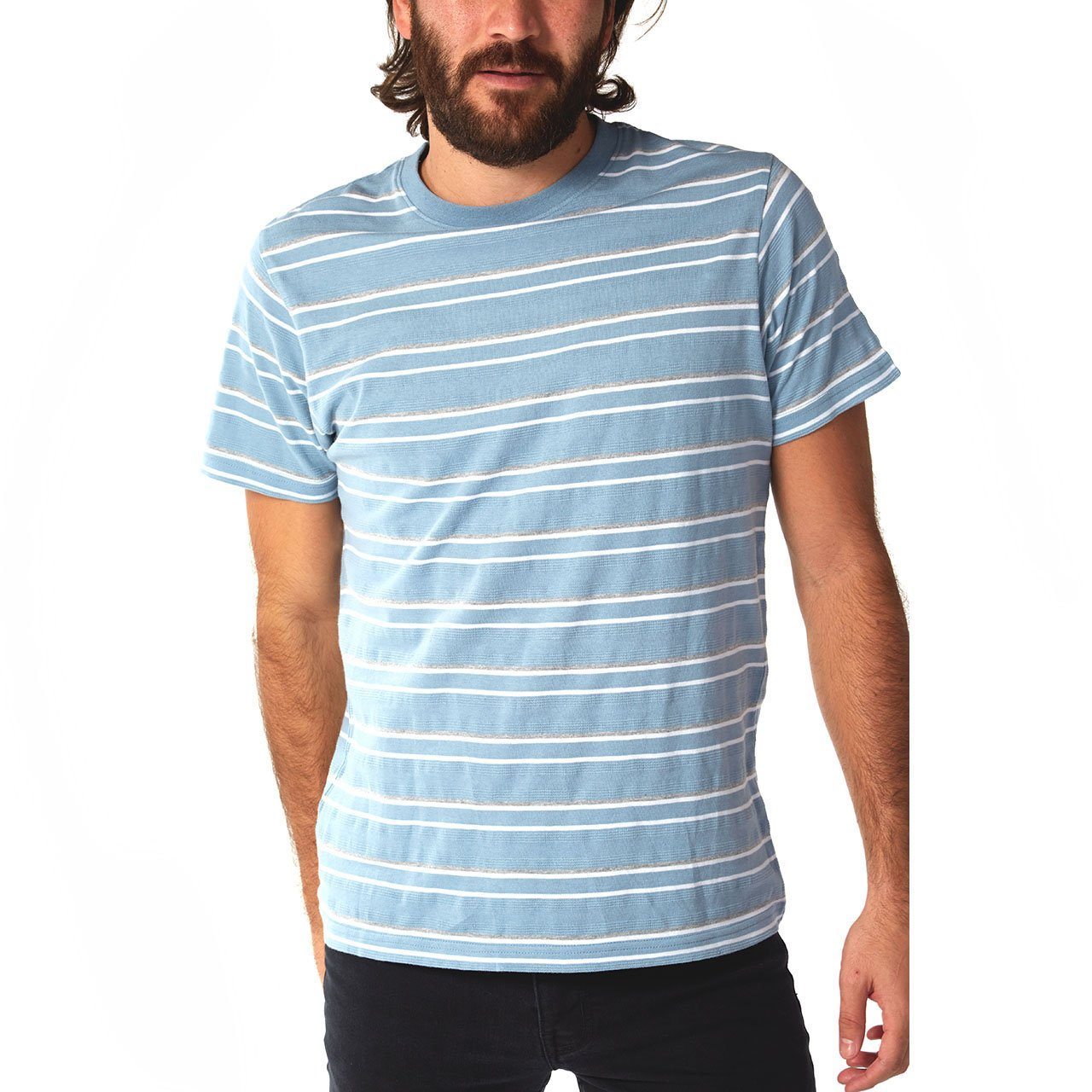 Preston Striped Tee featuring short sleeves and a crew neck design, made from 100% cotton in eco-friendly factory.