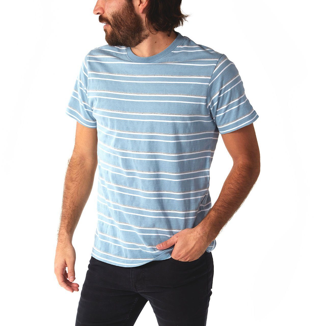 Preston Striped Tee featuring short sleeves and a crew neck design, made from 100% cotton in eco-friendly factory.