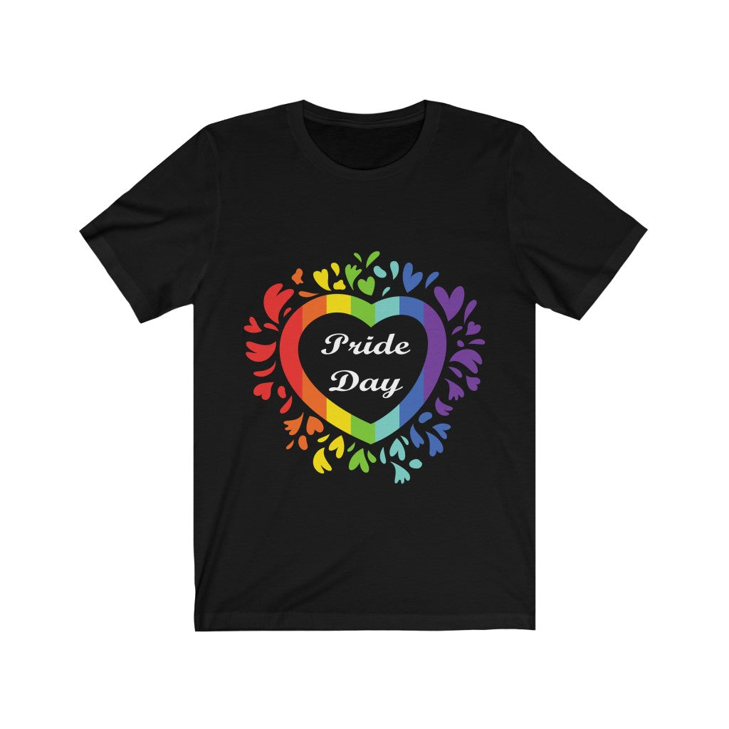 Pride Day Love Wins Rainbow Heart T-Shirt featuring a colorful rainbow heart design on a soft cotton fabric.