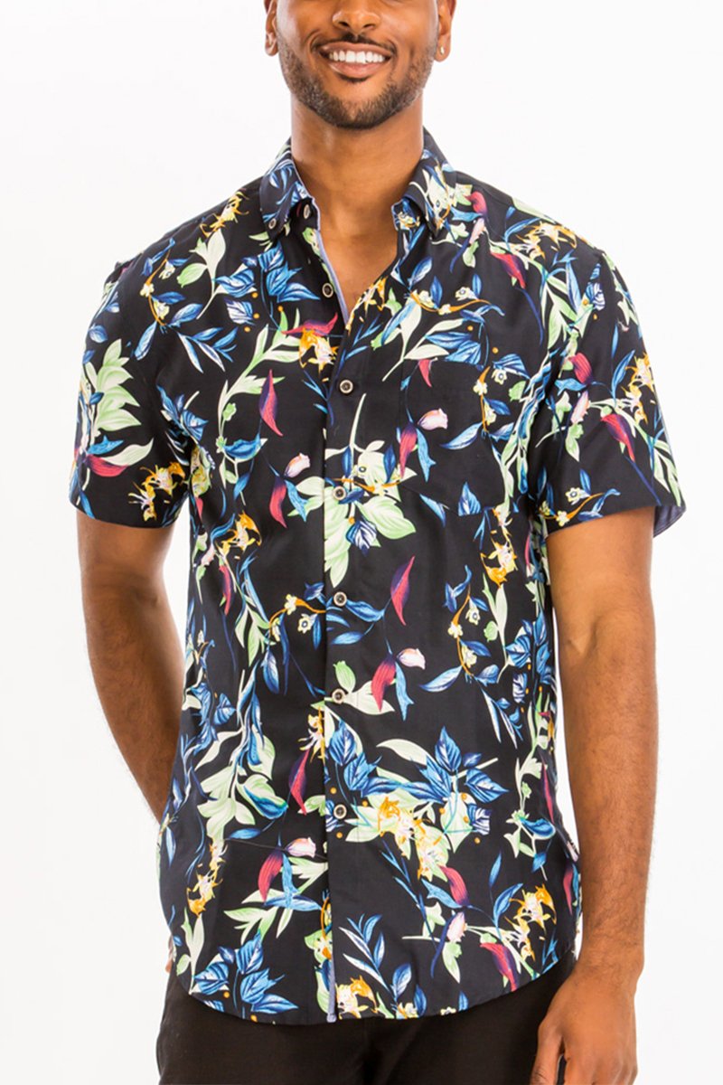 A stylish Print Button Down Shirt featuring a unique digital all-over print, chest pocket, and regular fit, made from a cotton-polyester blend.