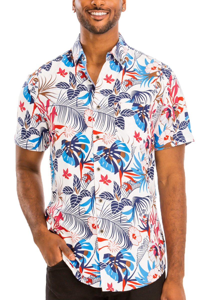 A stylish Print Button Down Shirt featuring a unique digital all-over print, chest pocket, and regular fit, displayed on a mannequin.