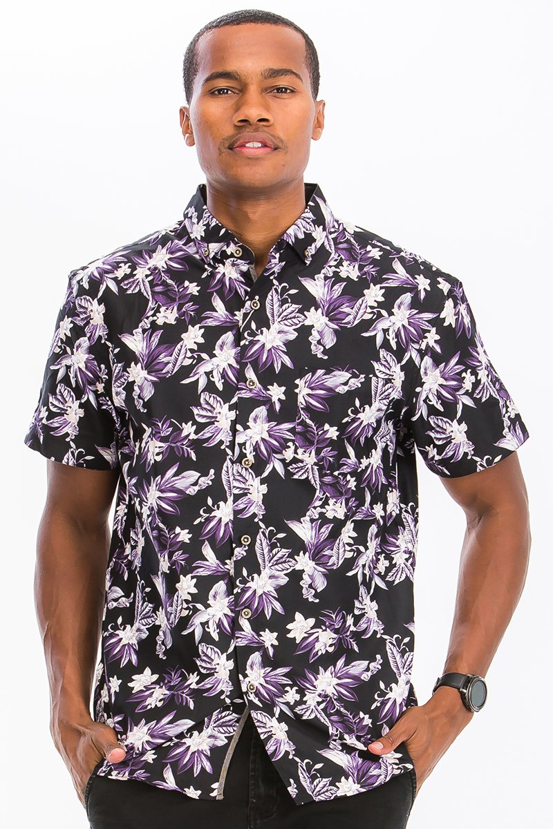 A stylish Print Button Down Shirt made from 100% polyester, featuring a button closure and chest pocket, displayed on a mannequin.