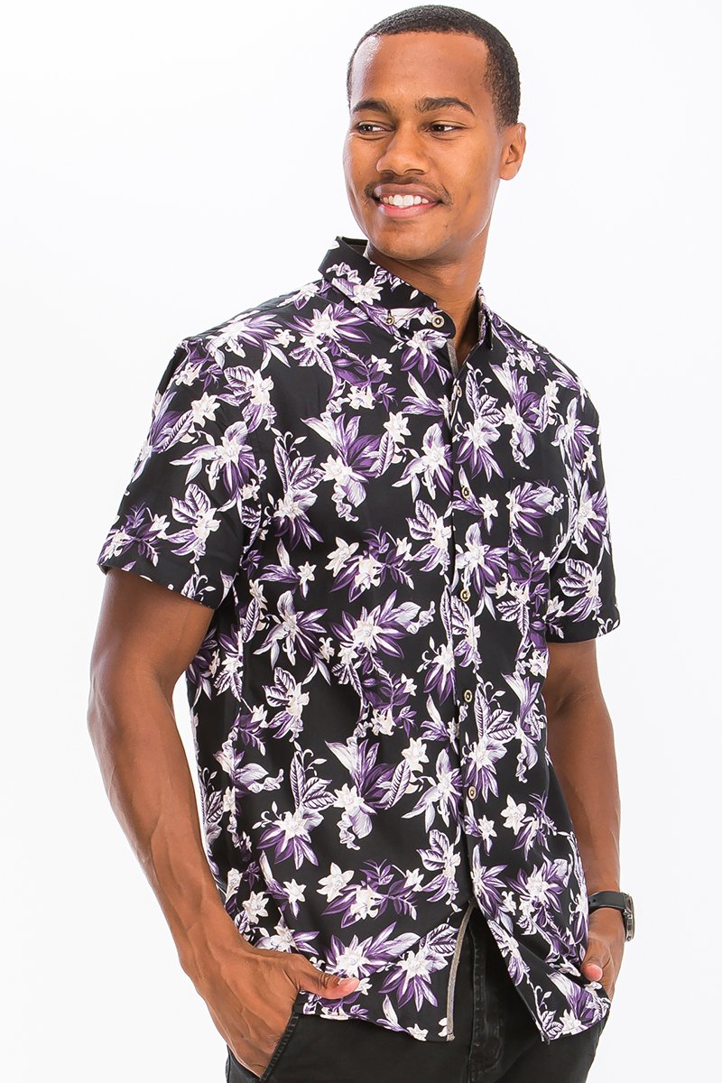 A stylish Print Button Down Shirt made from 100% polyester, featuring a button closure and chest pocket, displayed on a mannequin.