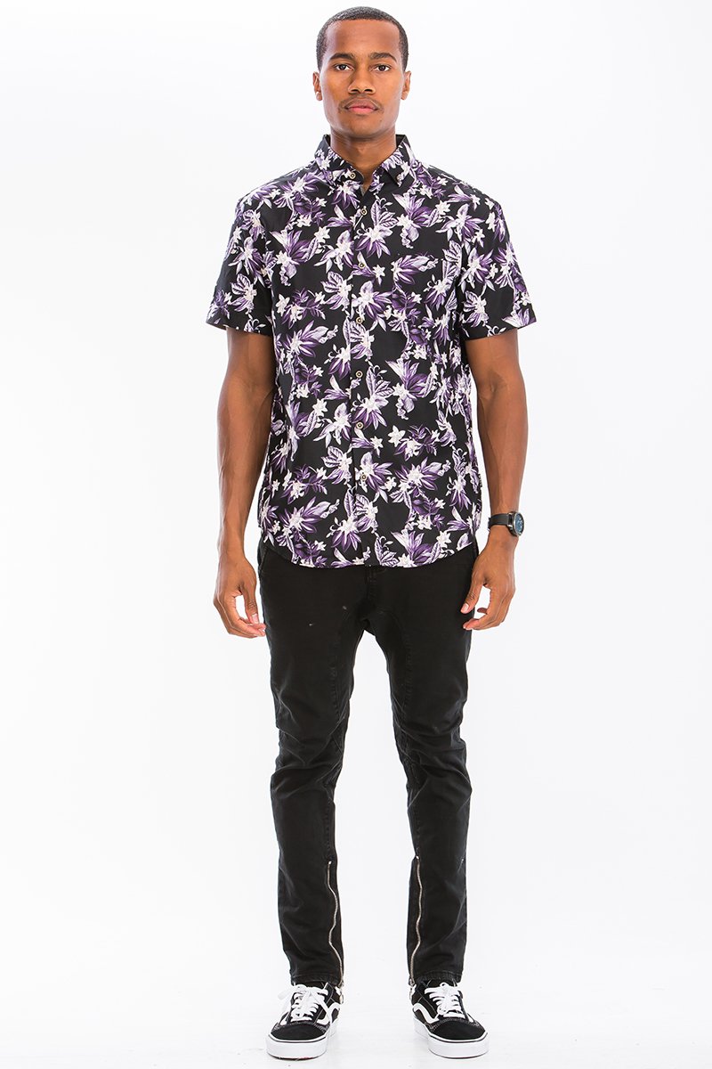 A stylish Print Button Down Shirt made from 100% polyester, featuring a button closure and chest pocket, displayed on a mannequin.