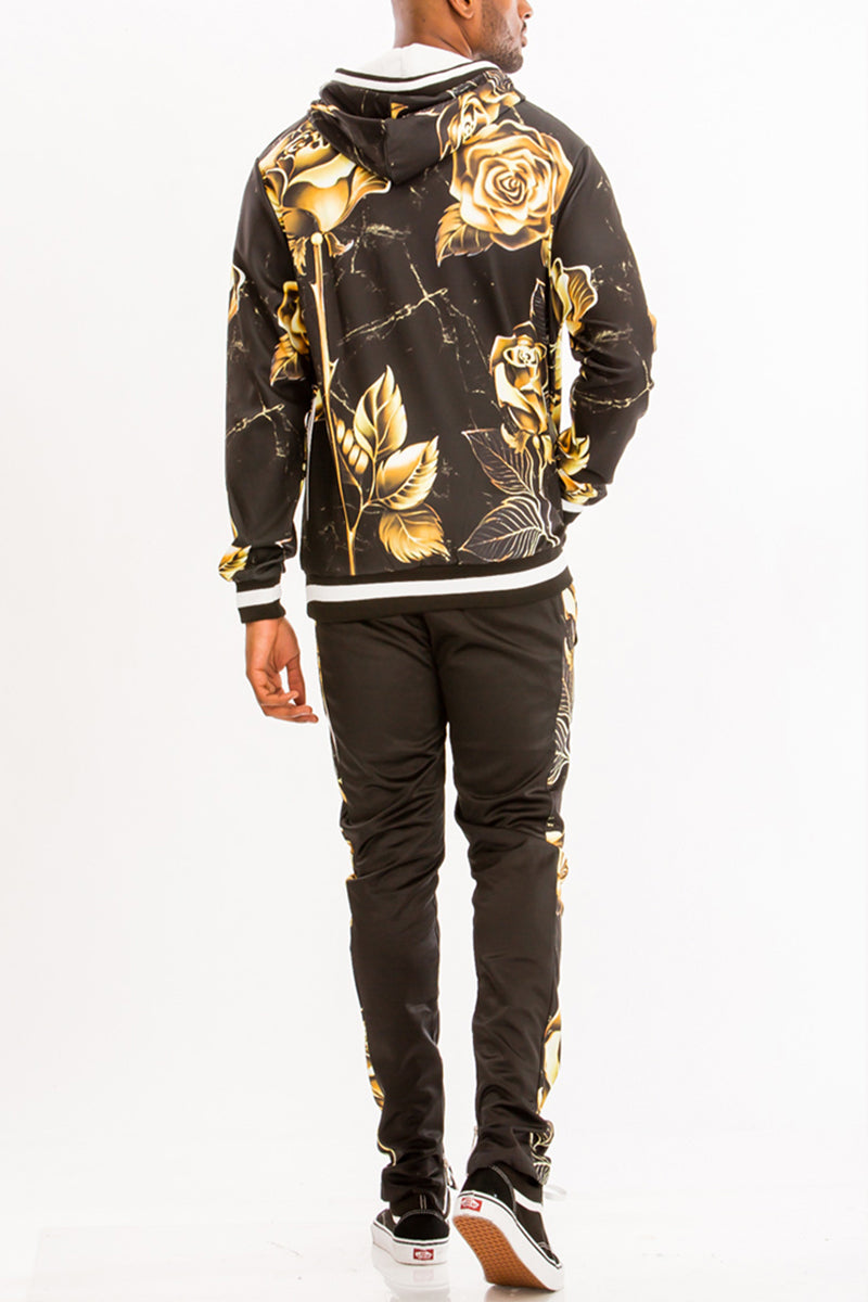 A stylish Print Sweat Set featuring a slim fit, hidden ankle zippers, and standard pockets, perfect for casual wear.