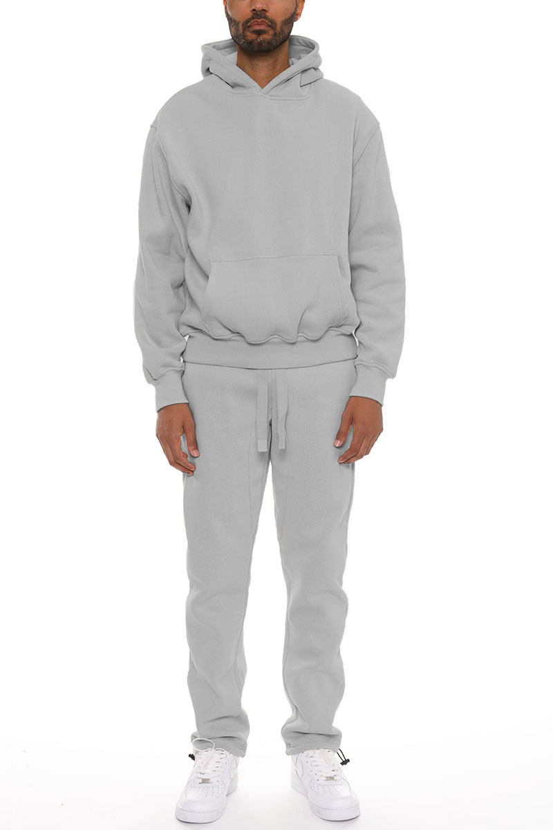 Pro Comfort Hoodie Set featuring a modern no-drawstring hood and elastic waist bottoms with ankle toggles, crafted from a cozy cotton-polyester blend.