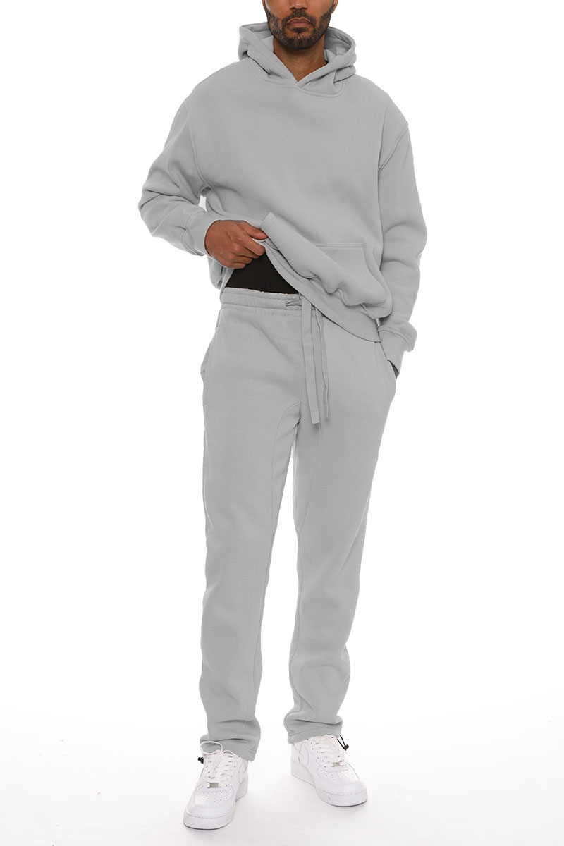 Pro Comfort Hoodie Set featuring a modern no-drawstring hood and elastic waist bottoms with ankle toggles, crafted from a cozy cotton-polyester blend.