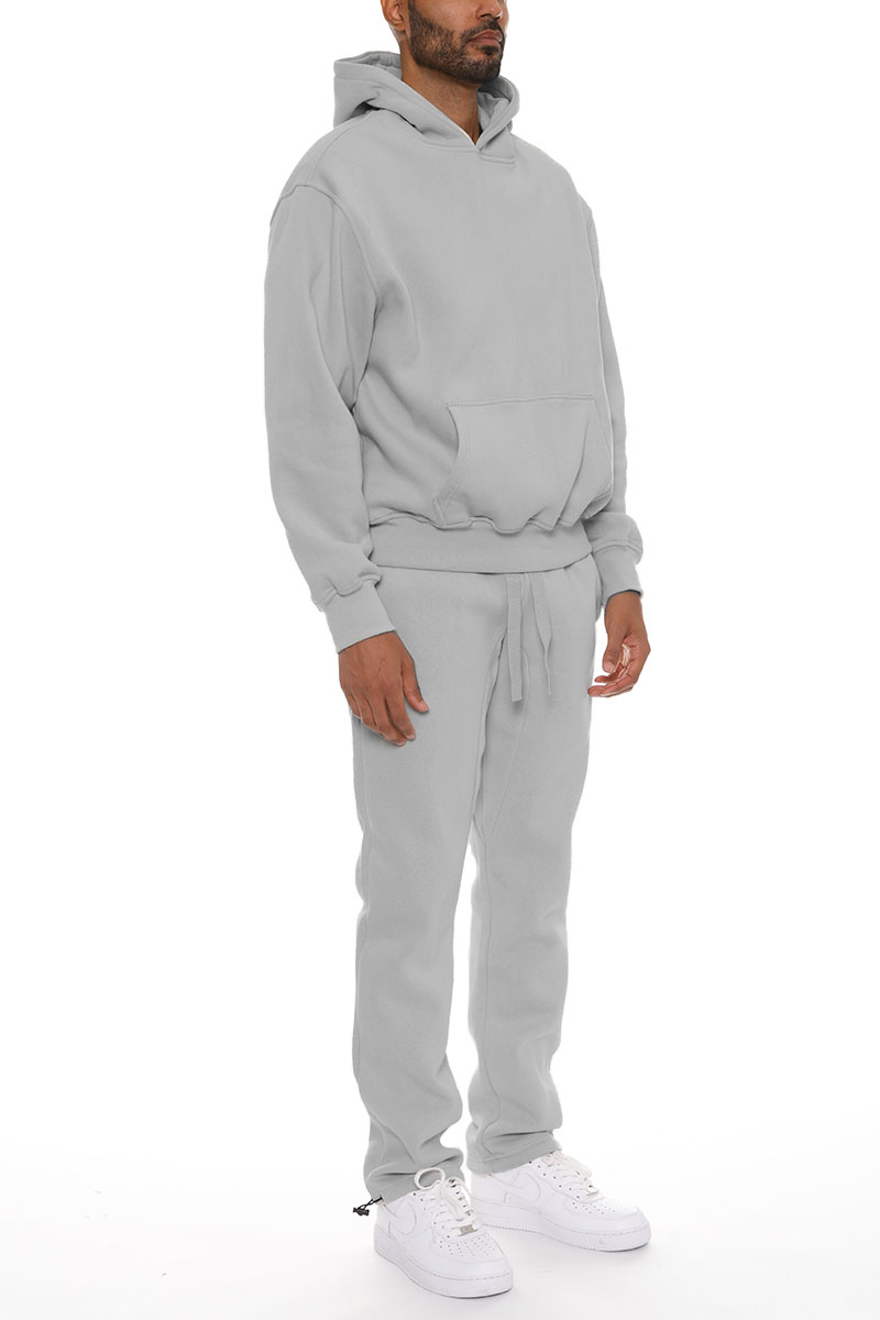 Pro Comfort Hoodie Set featuring a modern no-drawstring hood and elastic waist bottoms with ankle toggles, crafted from a cozy cotton-polyester blend.