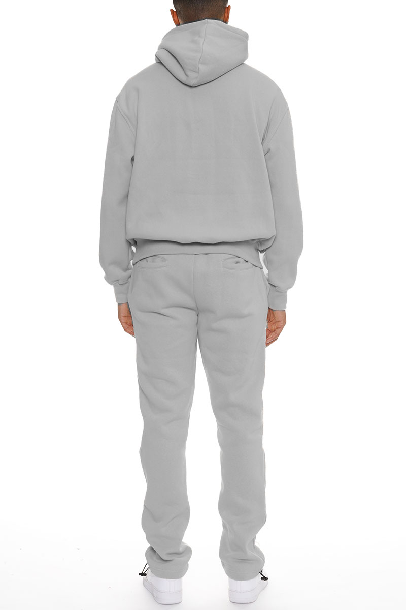 Pro Comfort Hoodie Set featuring a modern no-drawstring hood and elastic waist bottoms with ankle toggles, crafted from a cozy cotton-polyester blend.