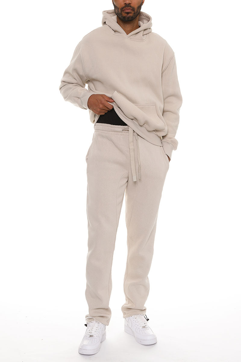 Pro Comfort Hoodie Set featuring a modern no-drawstring hood and elastic waist bottoms with pockets, ideal for athleisure and lounging.