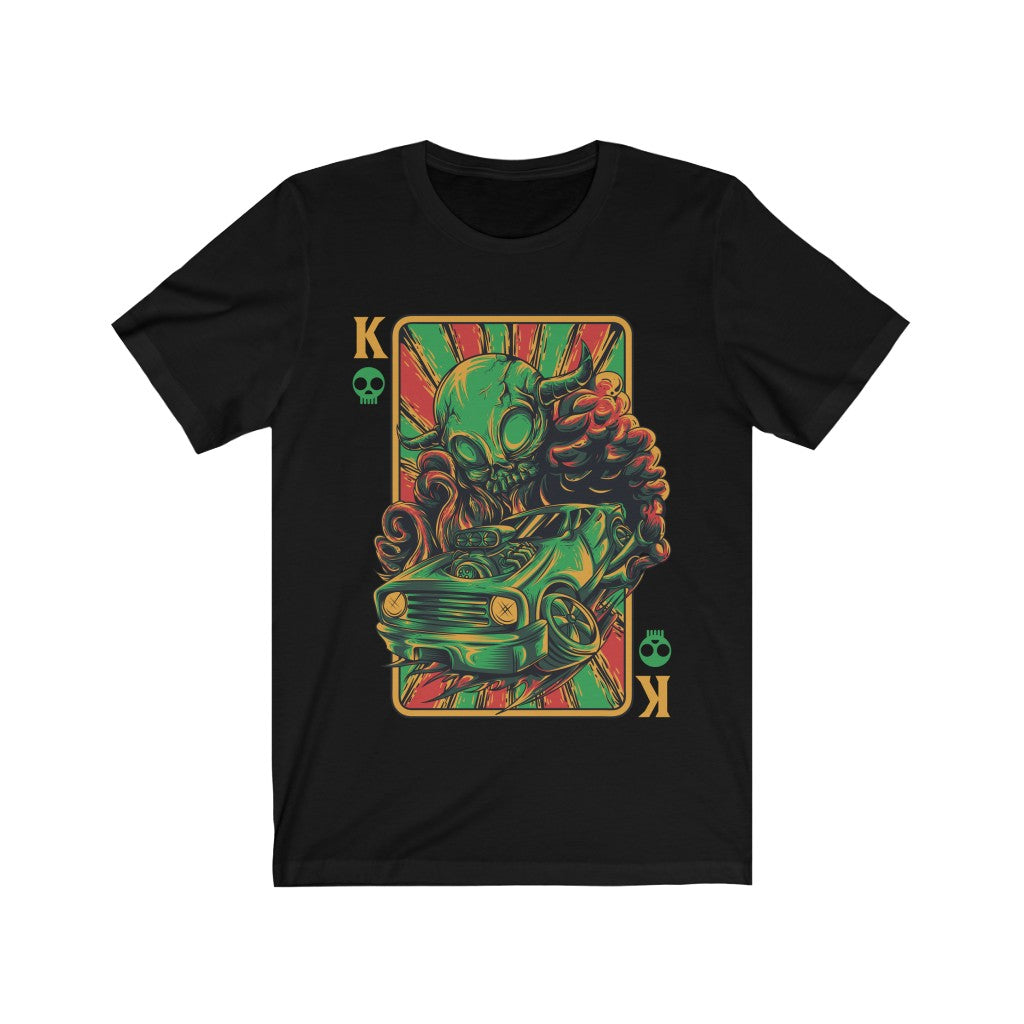 Psychedelic Art Hot Rod Gangster T-Shirt featuring vibrant vinyl print on soft cotton fabric, designed for unisex wear.