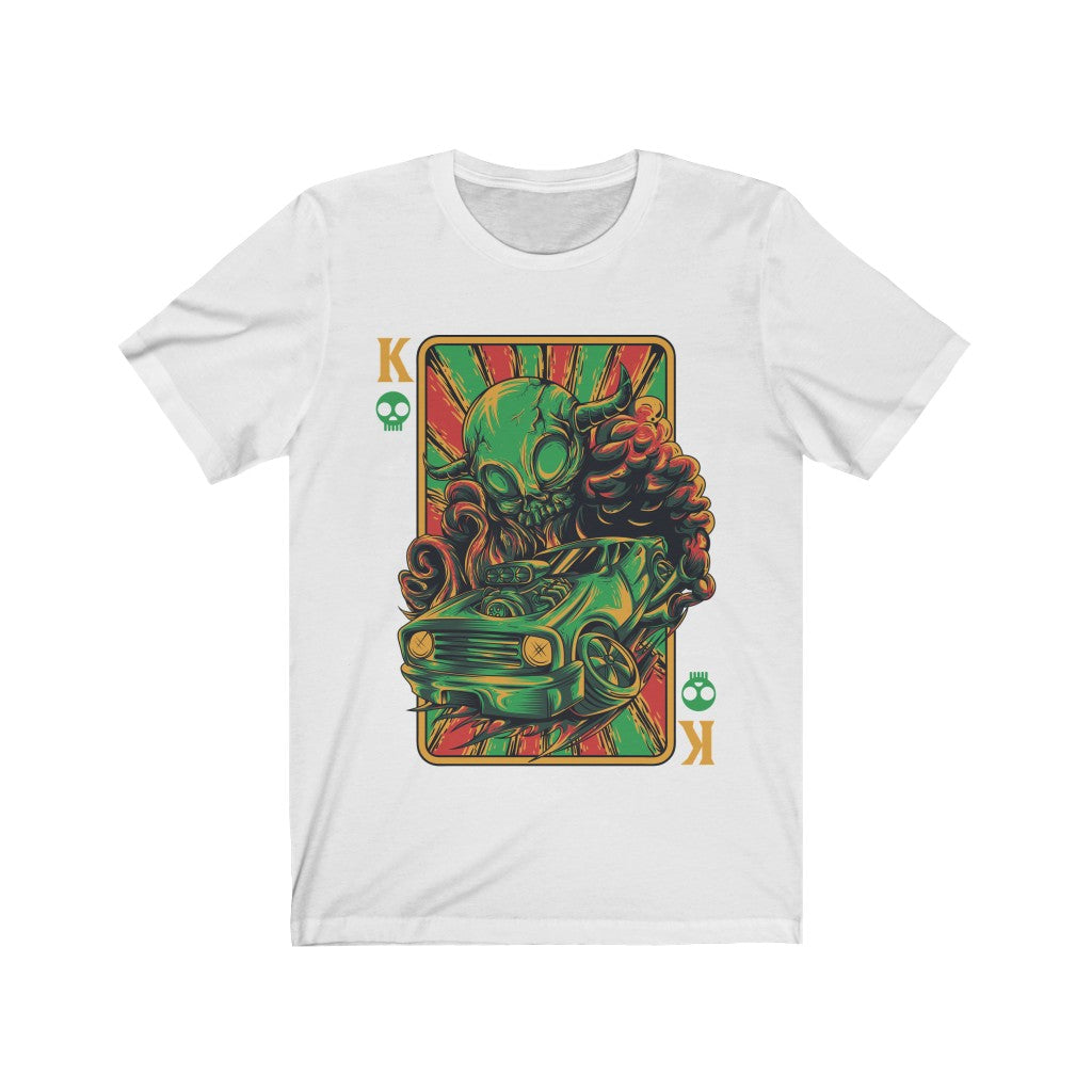 Psychedelic Art Hot Rod Gangster T-Shirt featuring vibrant vinyl print on soft cotton fabric, designed for unisex wear.