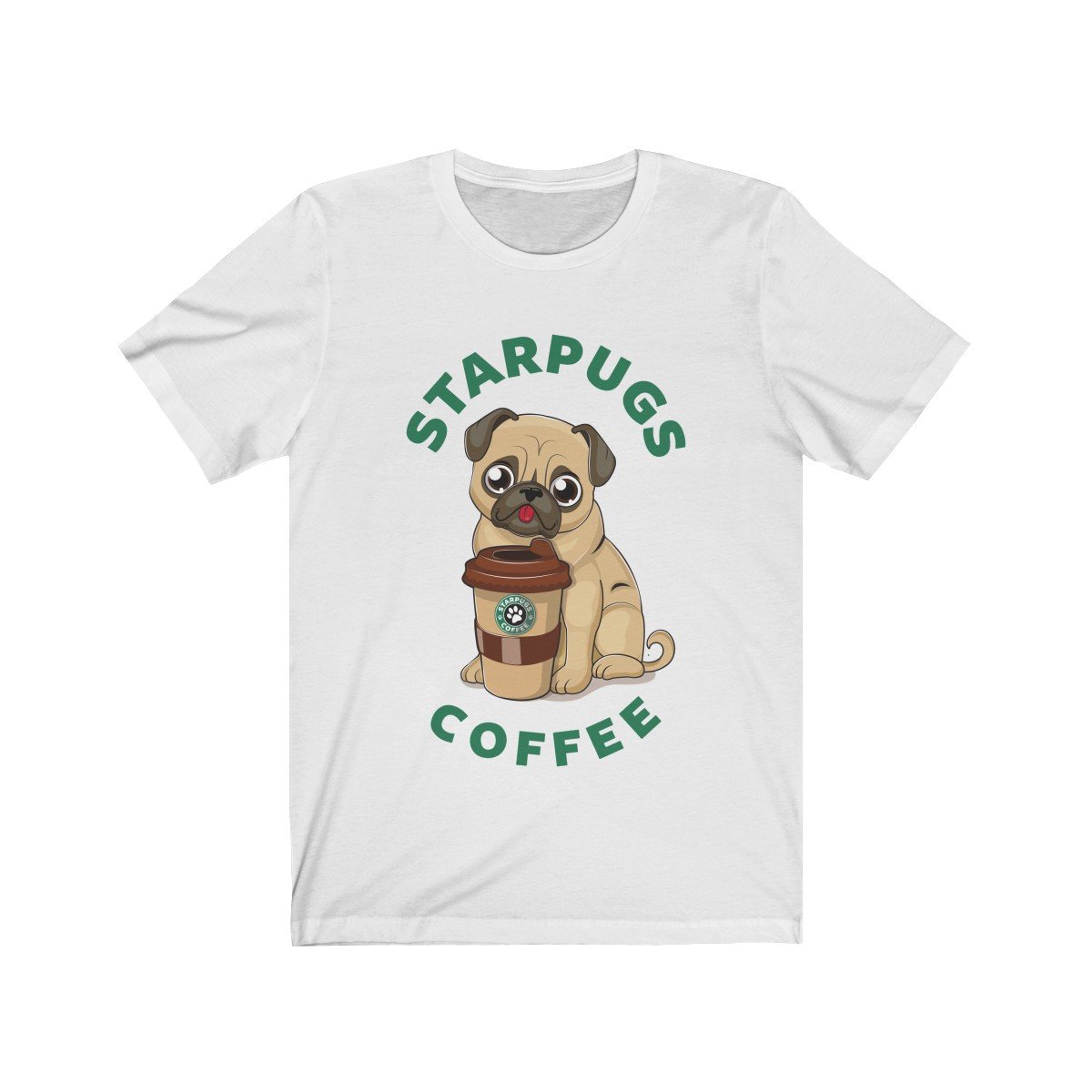 A stylish unisex T-shirt featuring a cute pug design with coffee elements, perfect for dog lovers.