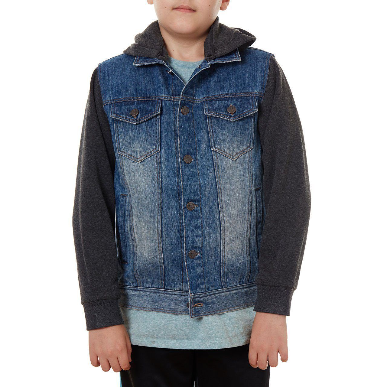 Quinn Denim Jacket for Boys featuring stone washed denim and fleece sleeves, perfect for stylish and comfortable wear.