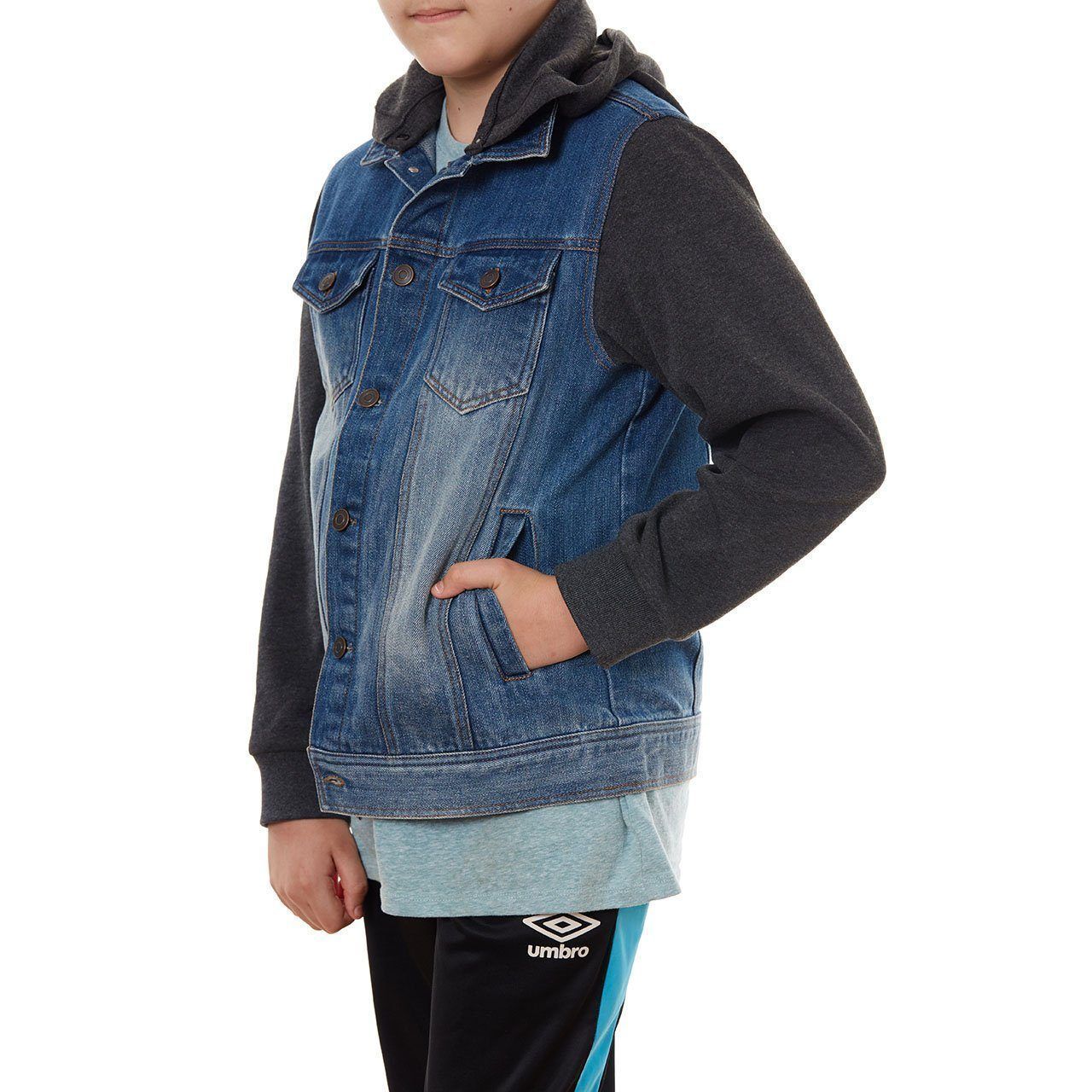 Quinn Denim Jacket for Boys featuring stone washed denim and fleece sleeves, perfect for stylish and comfortable wear.