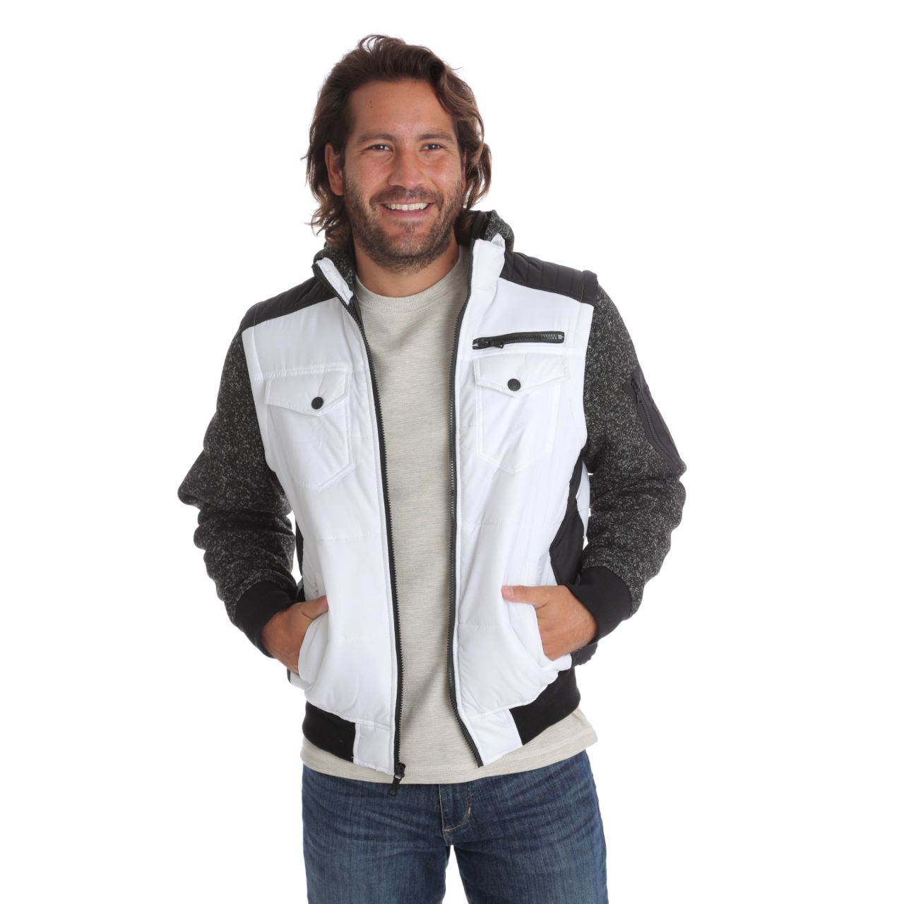 Quinn Quilted Puffer Jacket featuring fleece sleeves and hood, perfect for outdoor activities.